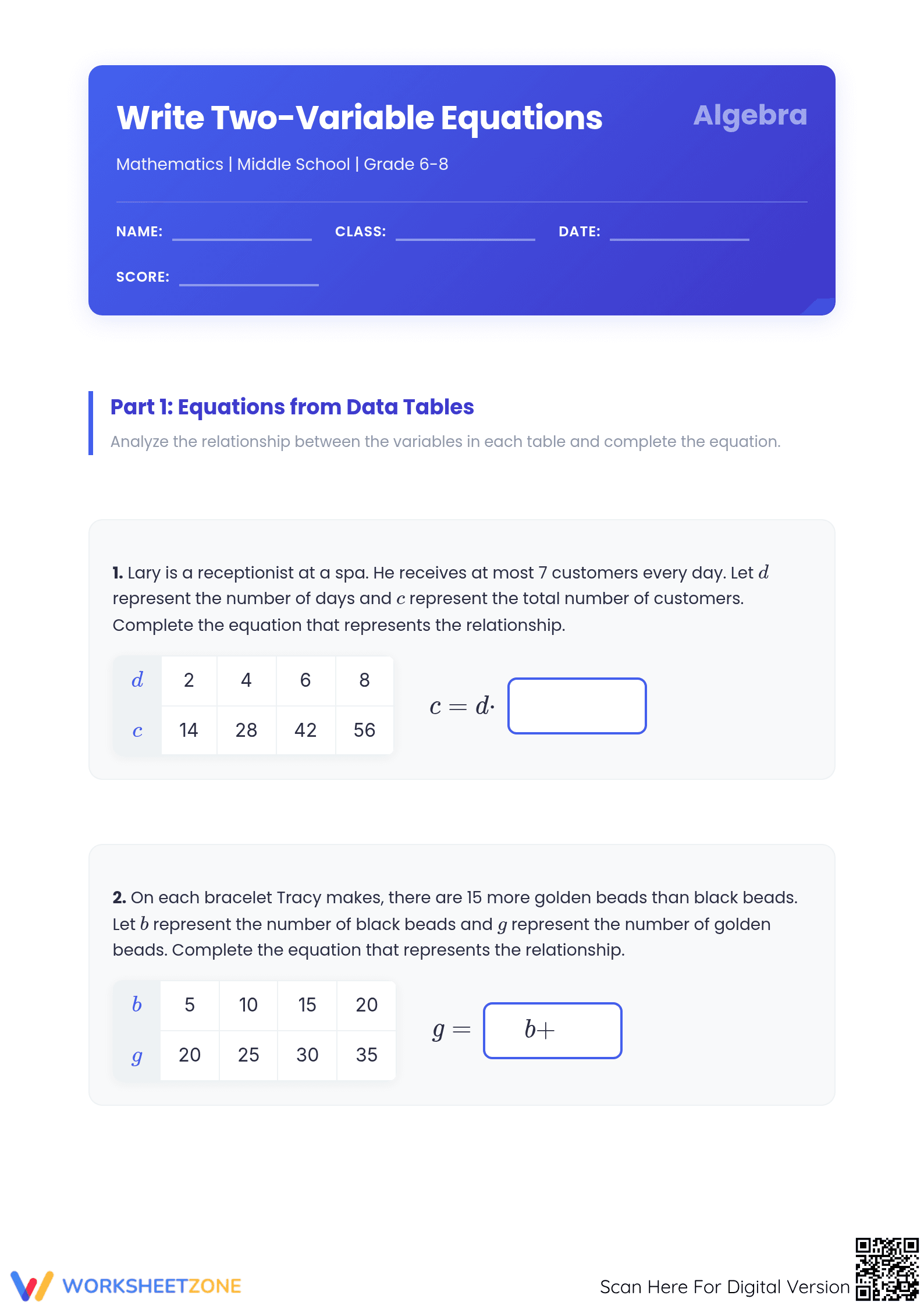 Printable Write Two-Variable Equations Worksheet | Grade 6-8 - Page 1