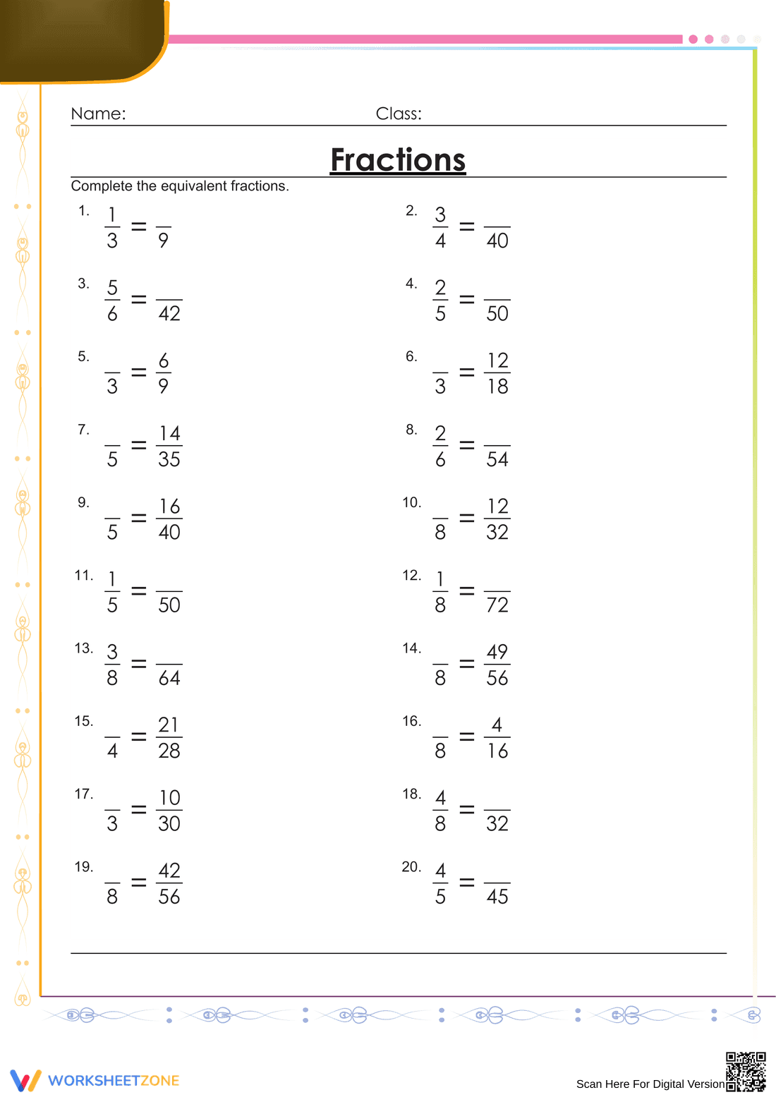 Identify Equivalent Fractions Worksheet - Page 1
