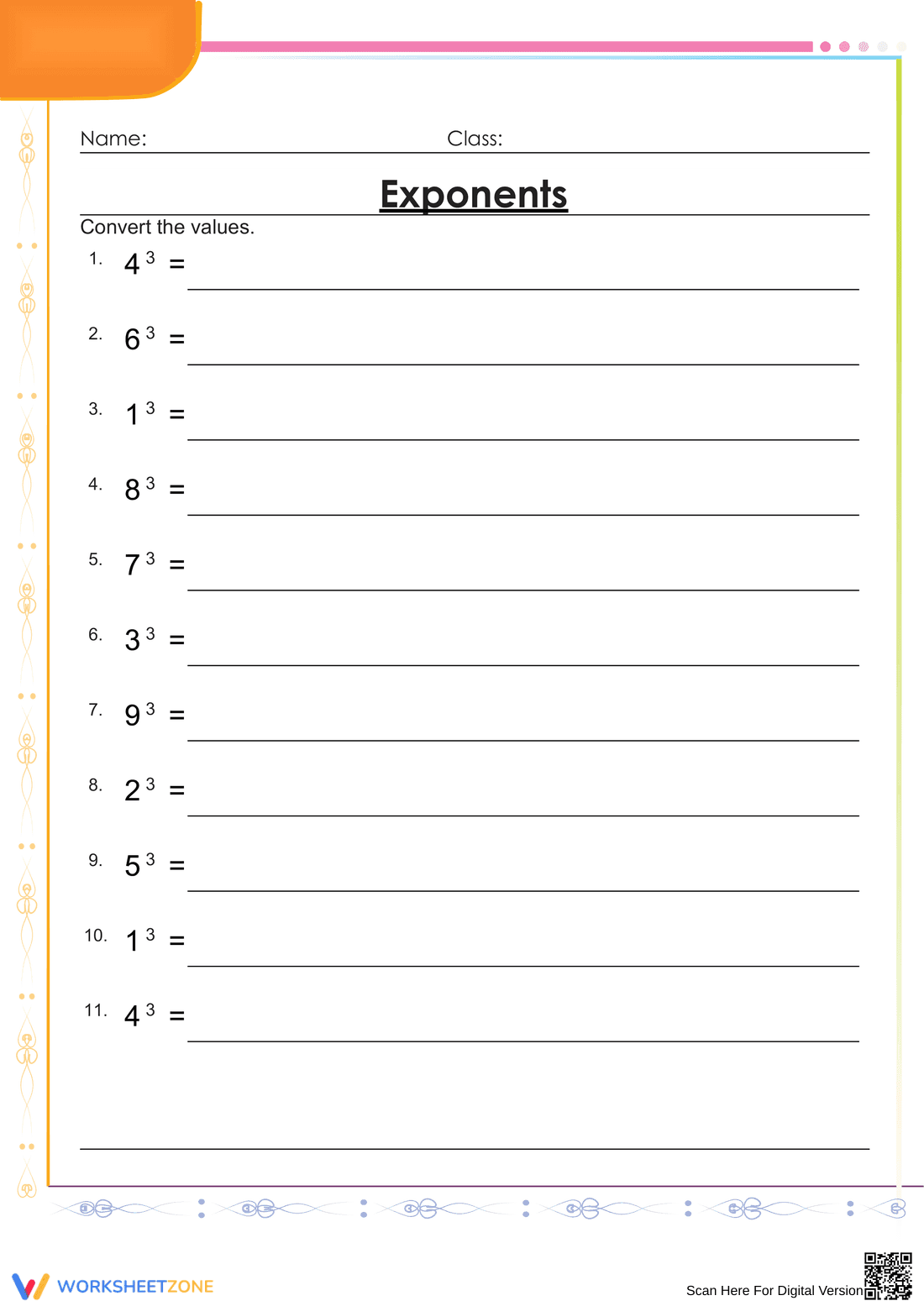 Essential Exponents to the 3rd Power Worksheet | Grade 6 - Page 1