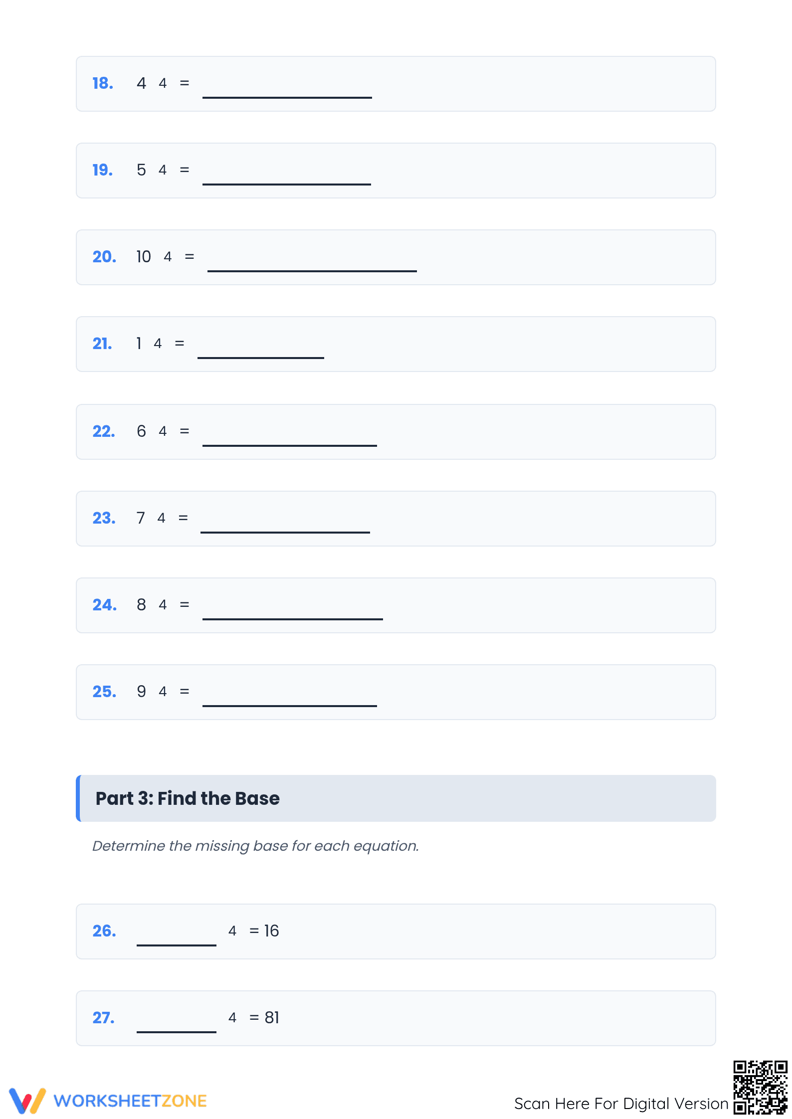 Grade 6 Exponents — Printable No-Prep Worksheet - Page 1