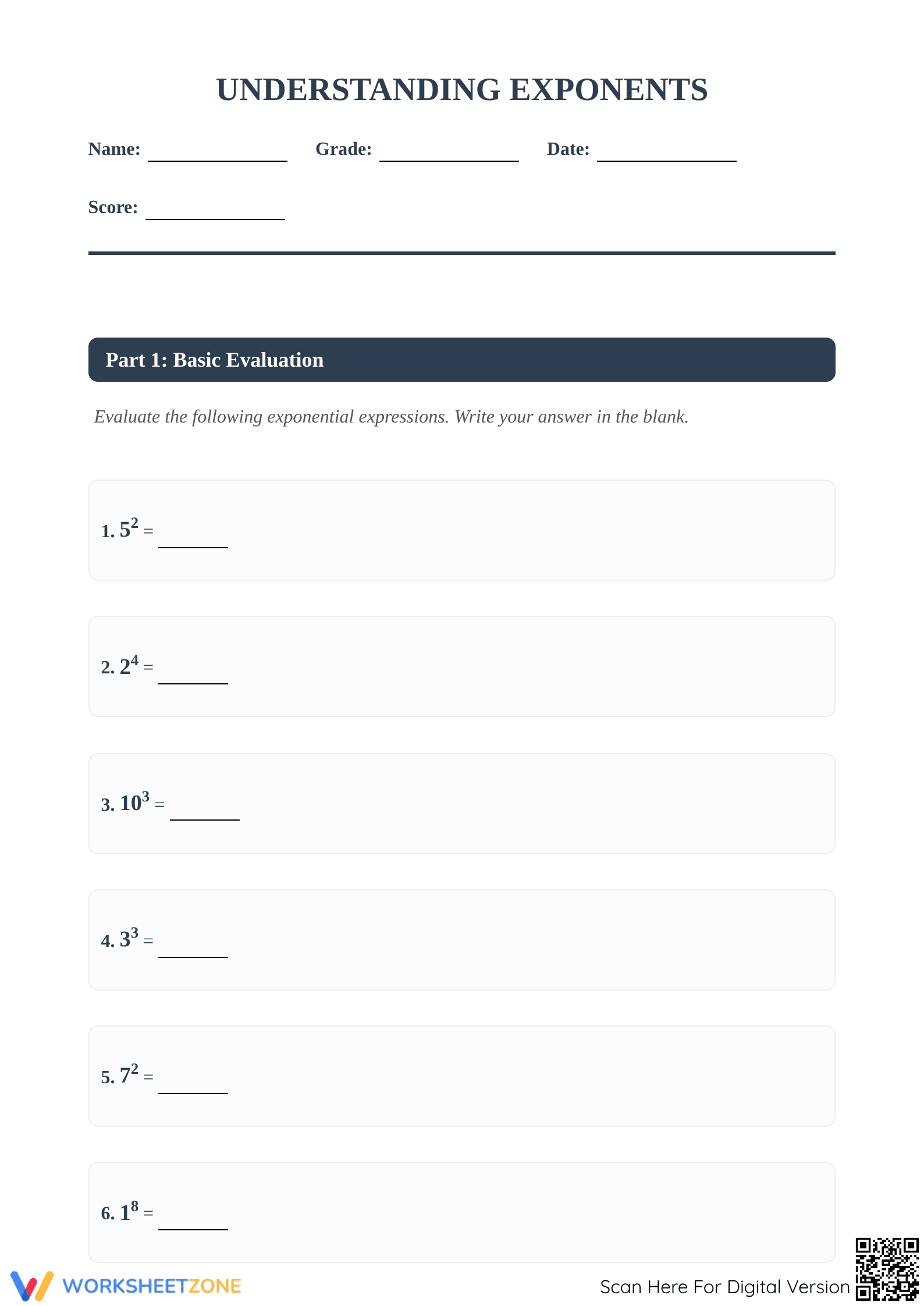 Printable Exponents Worksheet | Grade 8 Math Guide - Page 1