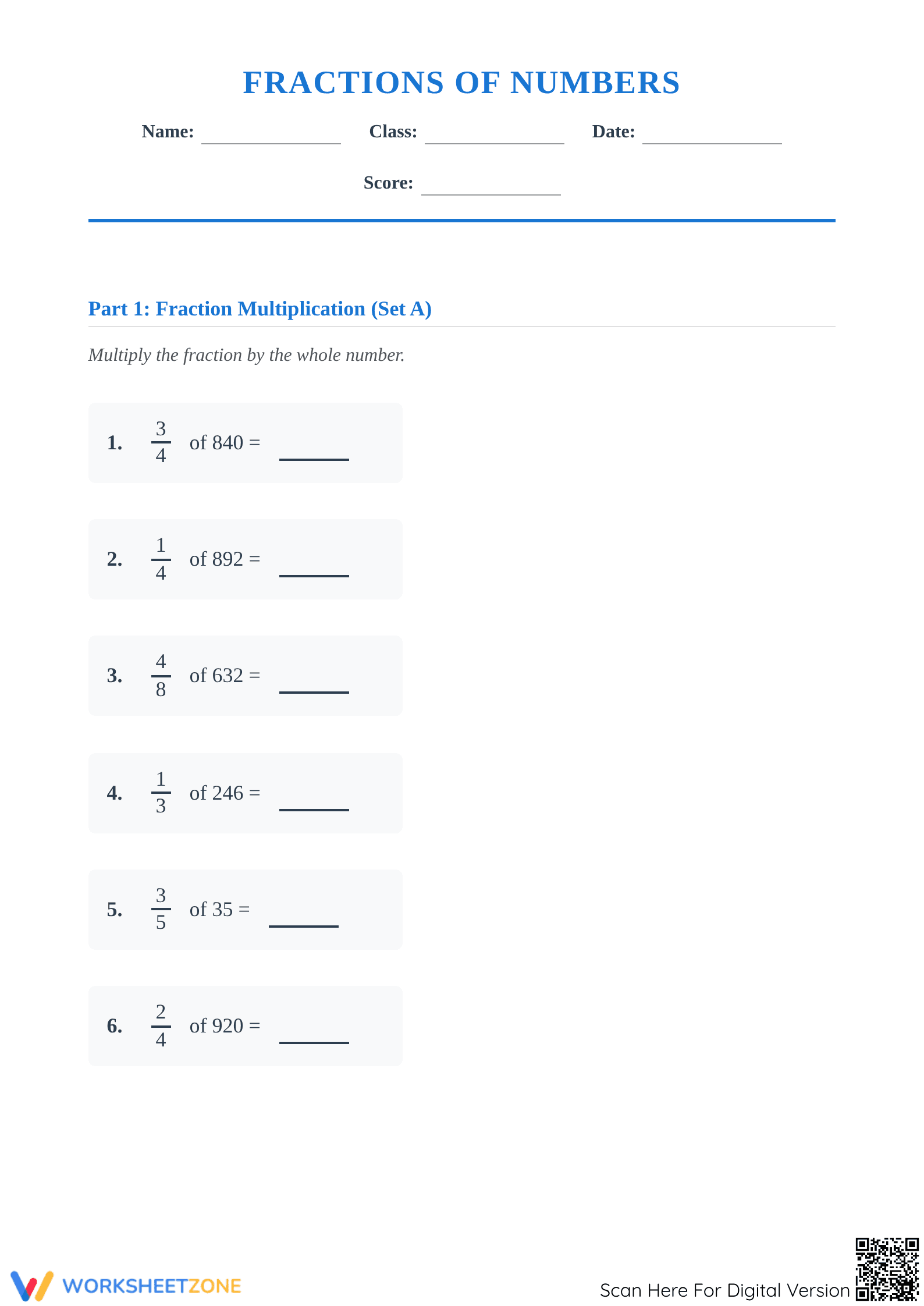 Printable Fraction of Numbers Worksheet | Grade 4 Math - Page 1