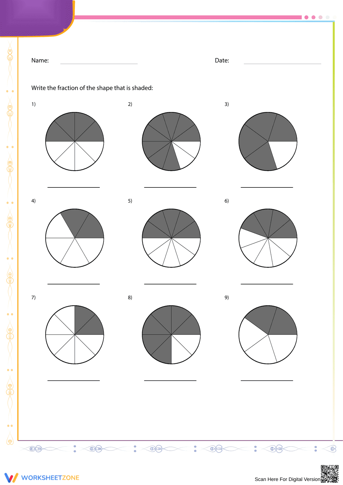 Grade 3 Fraction Circles — Printable No-Prep Worksheet - Page 1