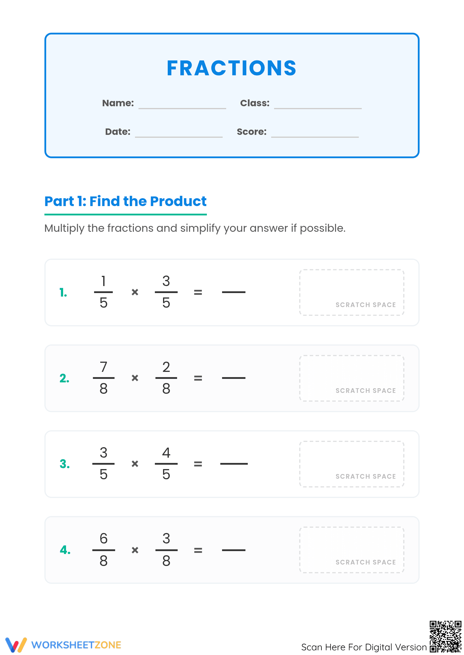 Grade 5 Multiplying Fractions — Printable No-Prep Worksheet - Page 1