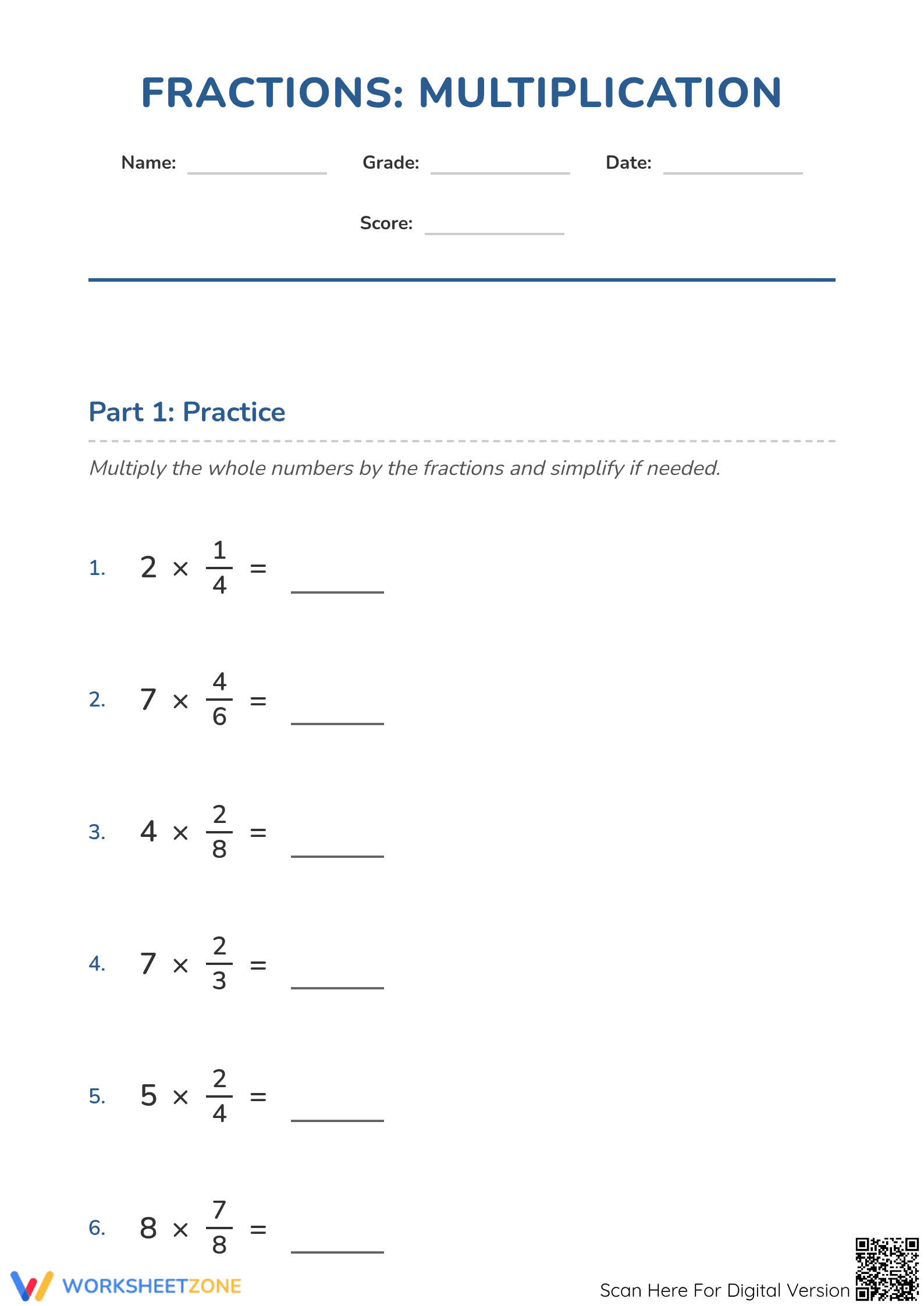 Grade 4 Multiply Fractions — Printable No-Prep Worksheet - Page 1