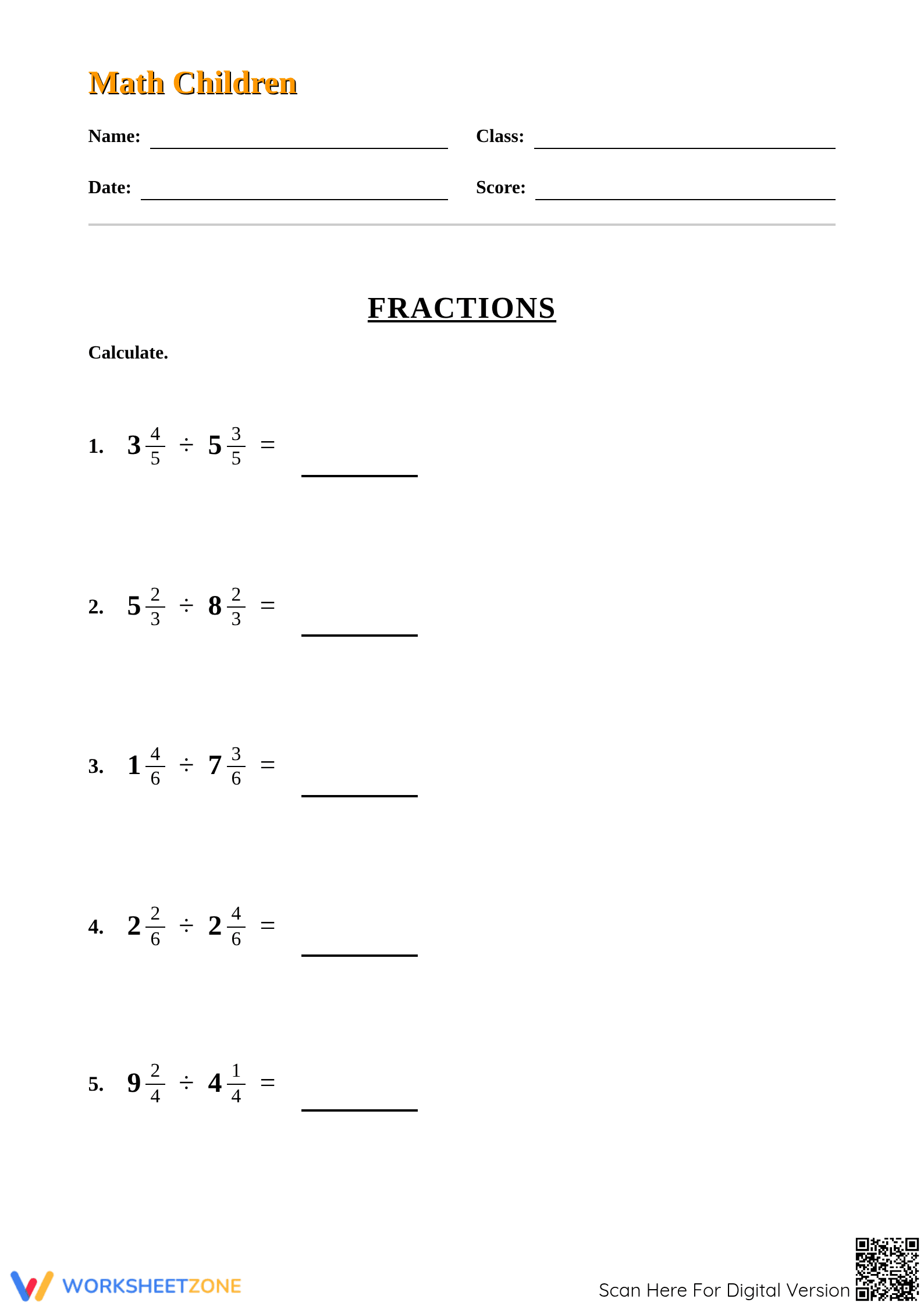 Printable Division of Mixed Fractions Worksheet | Grade 5 - Page 1