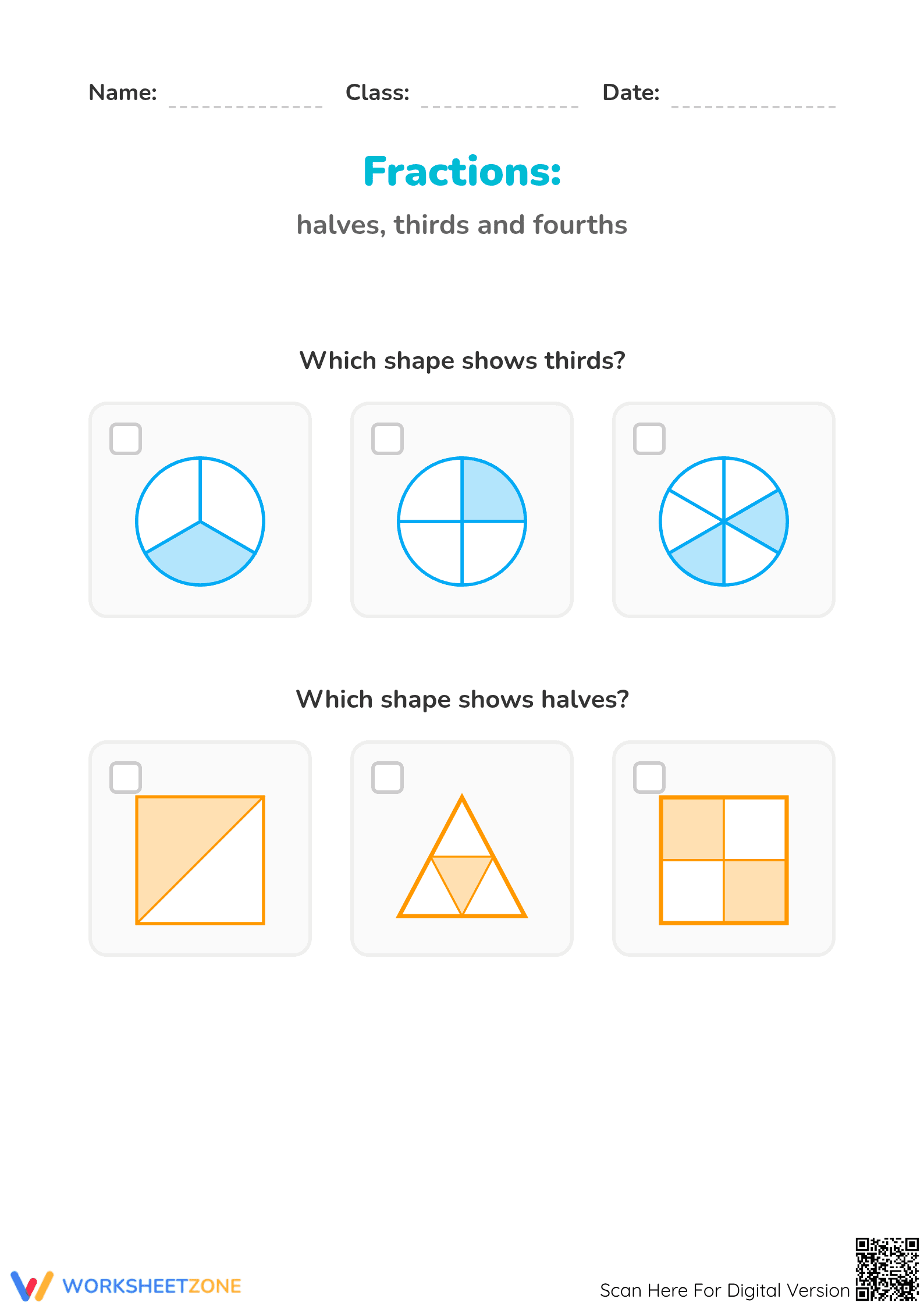 Grade 1 Basic Fractions — Printable No-Prep Worksheet - Page 1