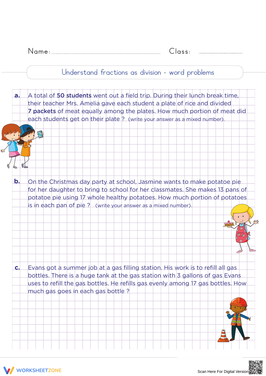 Grade 5 Fractions as Division — Printable No-Prep Worksheet - Page 1