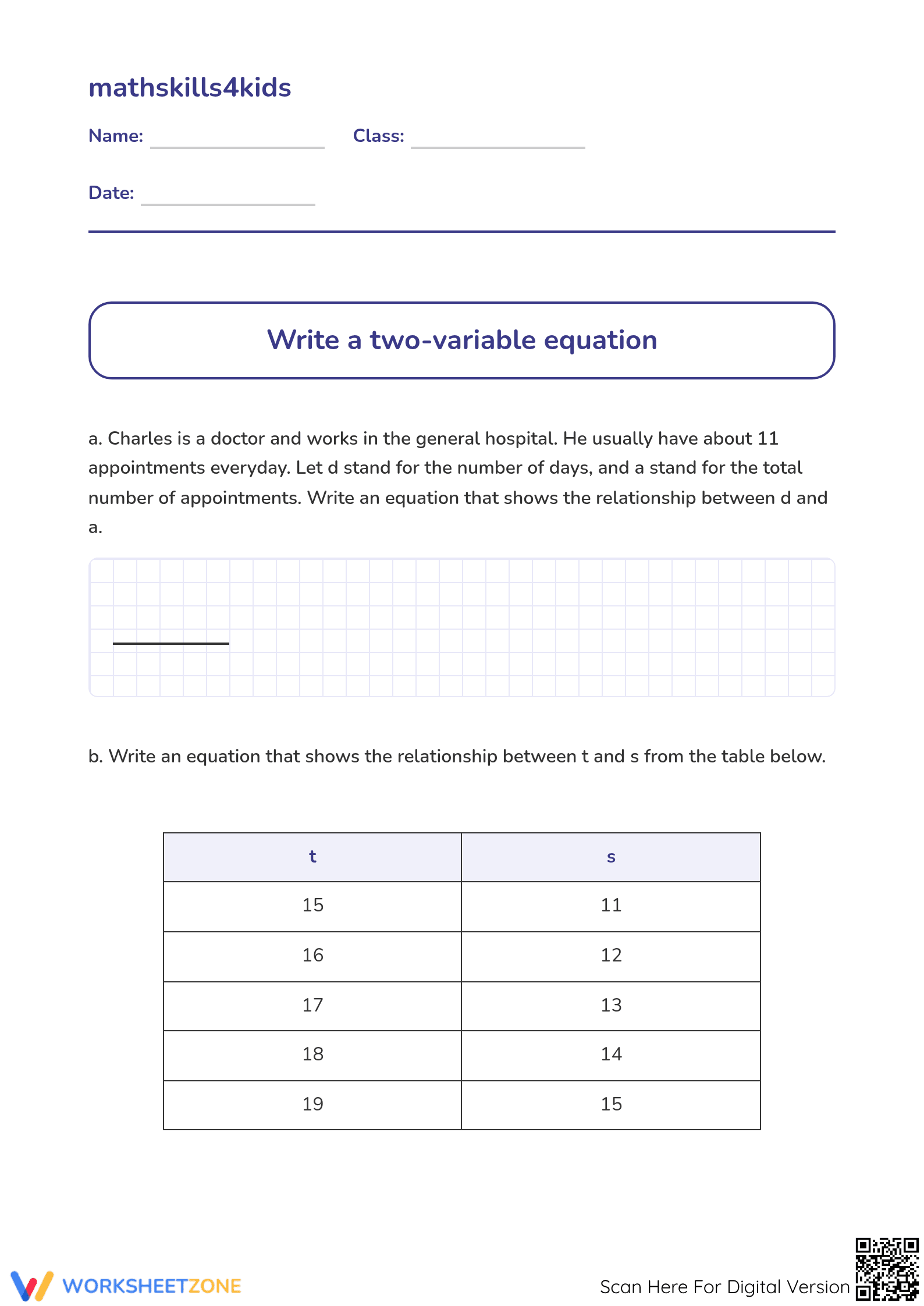 Grade 8 Two-Variable Equations — Printable No-Prep Worksheet - Page 1