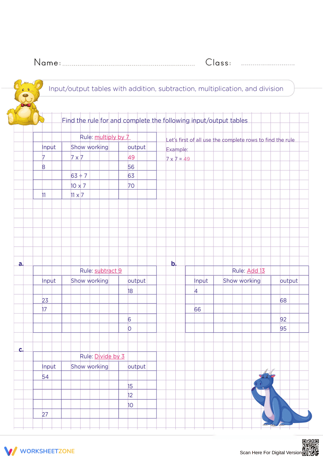 Input/Output Tables Math Worksheet with All Four Operations
- Page 1