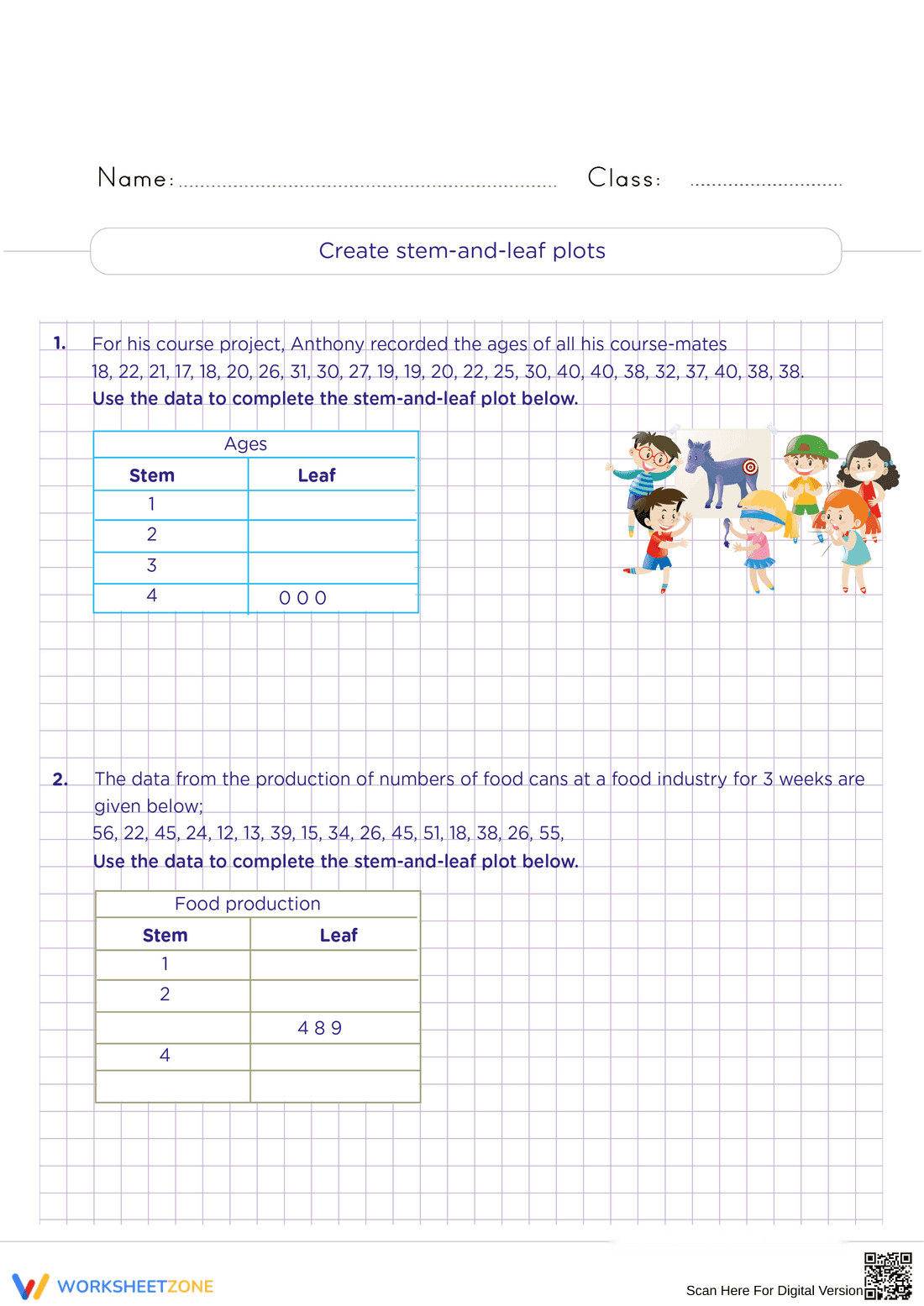Printable Stem-and-Leaf Plots Worksheet | Grade 6 Math - Page 1