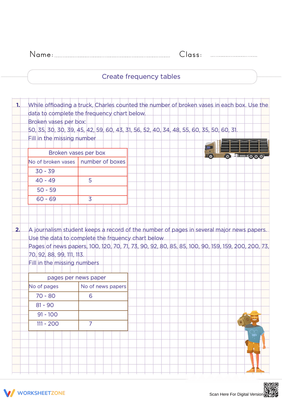 Grade 6 Data — Printable No-Prep Worksheet - Page 1