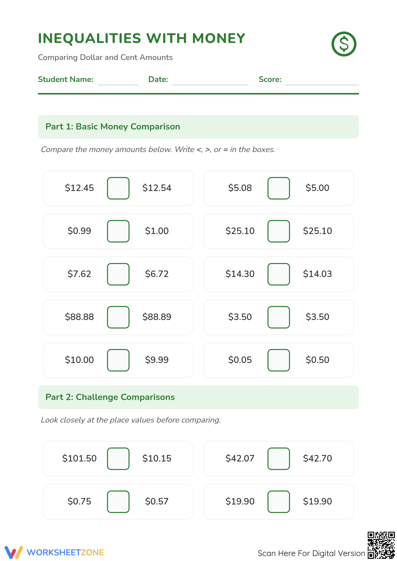 Grade 2 Money Inequalities — Printable No-Prep Worksheet - Page 1