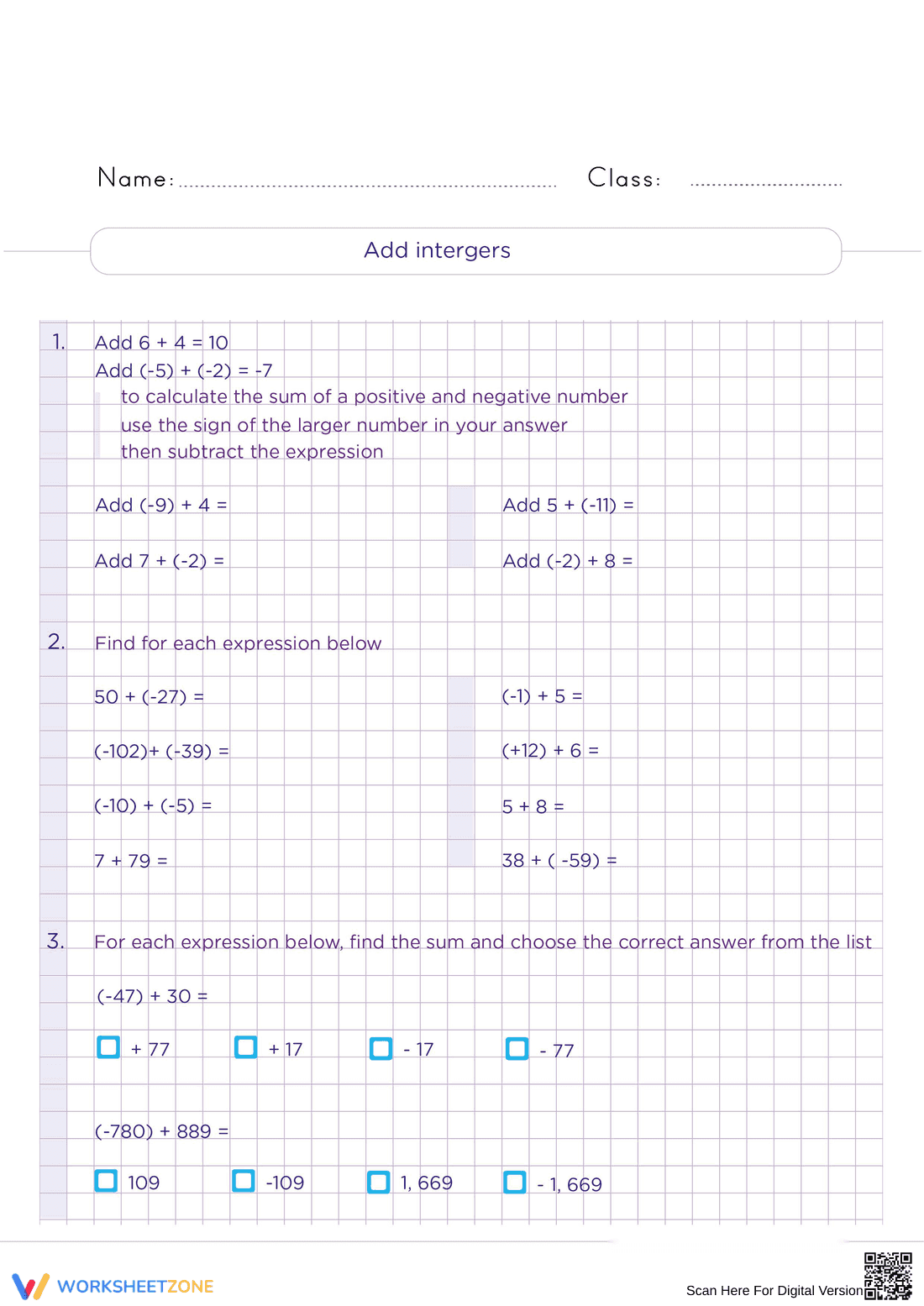 Add Integers Worksheet for Math Practice - Page 1