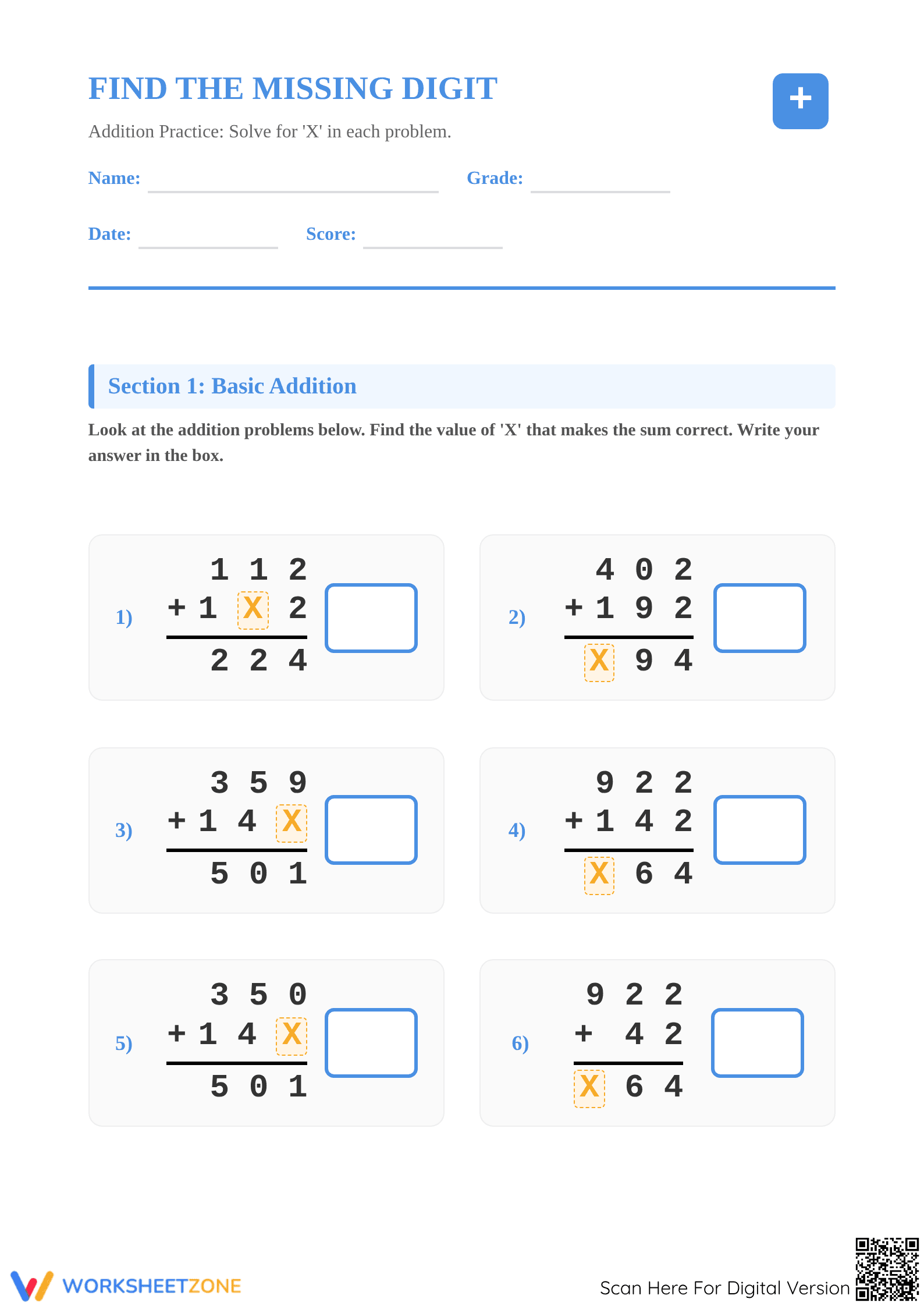 Printable Grade 2 Addition: Find the Missing Number Worksheet - Page 1