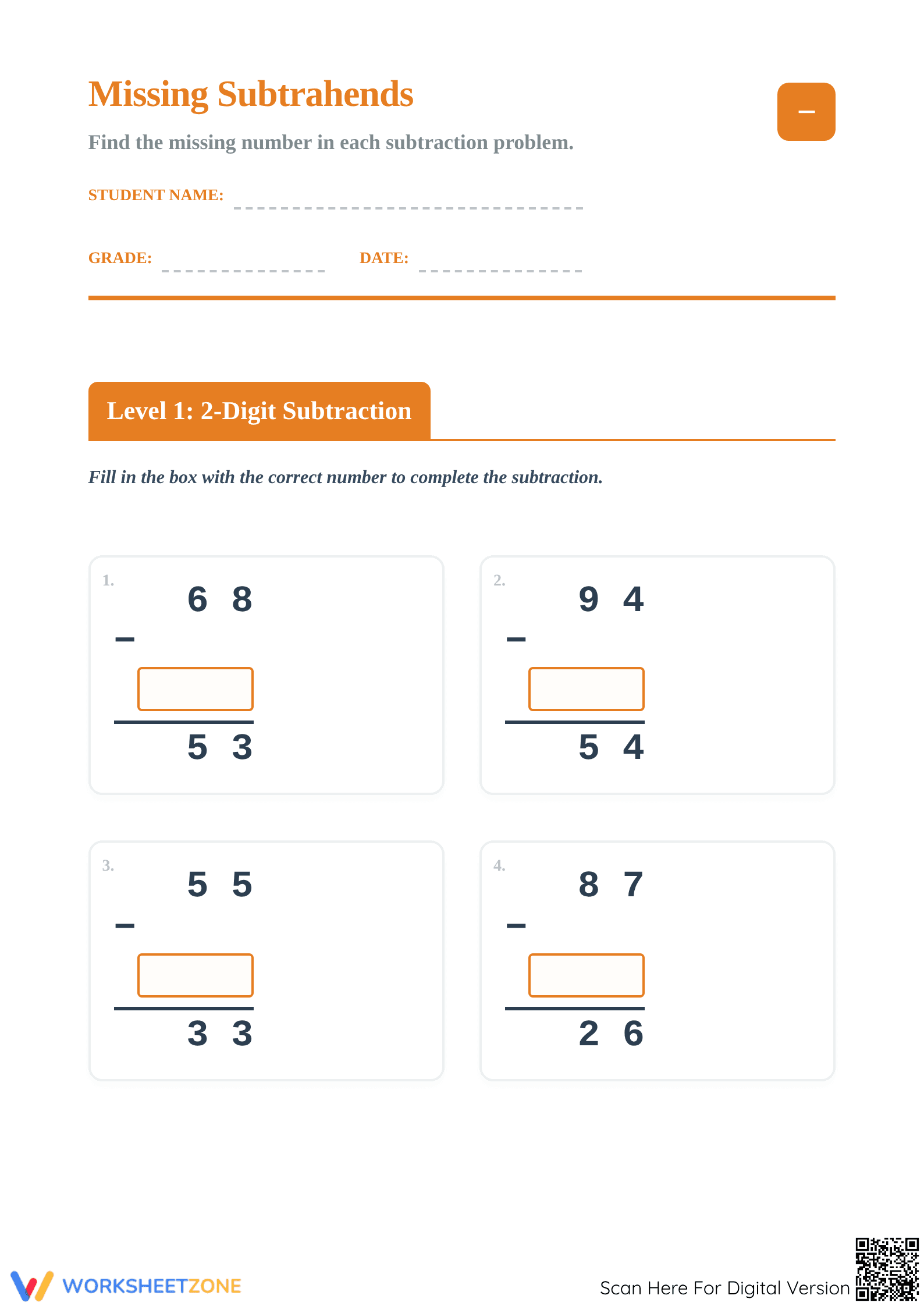Printable Missing Number Subtraction Worksheet | Grade 2 - Page 1