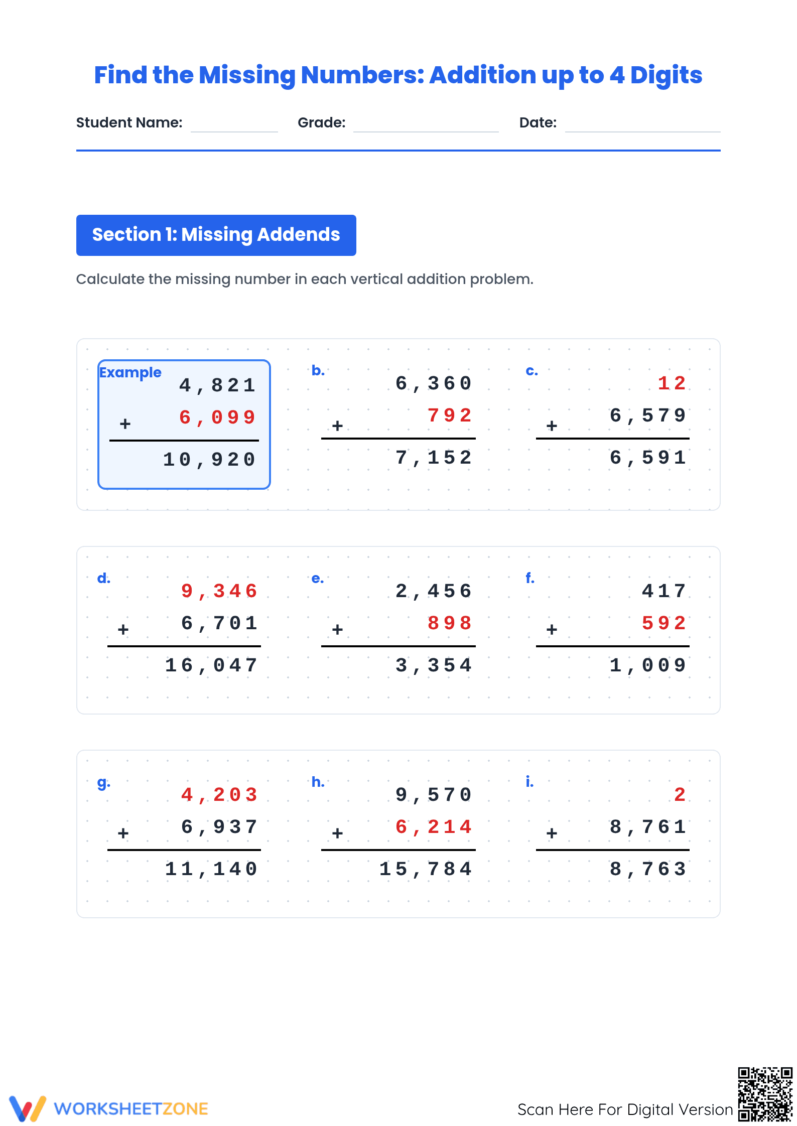 Grade 4 Missing Numbers — Printable No-Prep Worksheet - Page 1