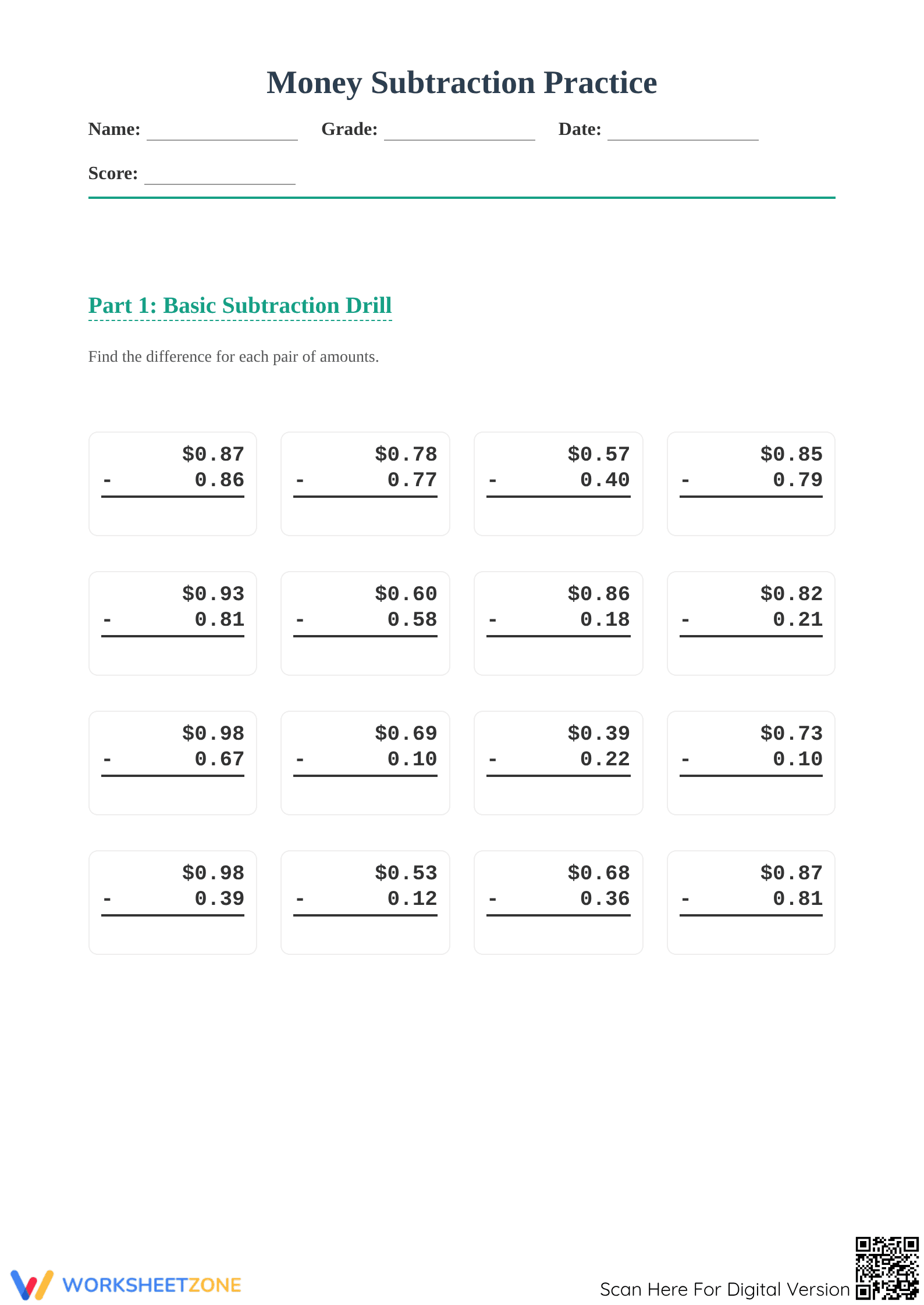 Printable Money Subtraction Worksheet | Grade 5 Math - Page 1