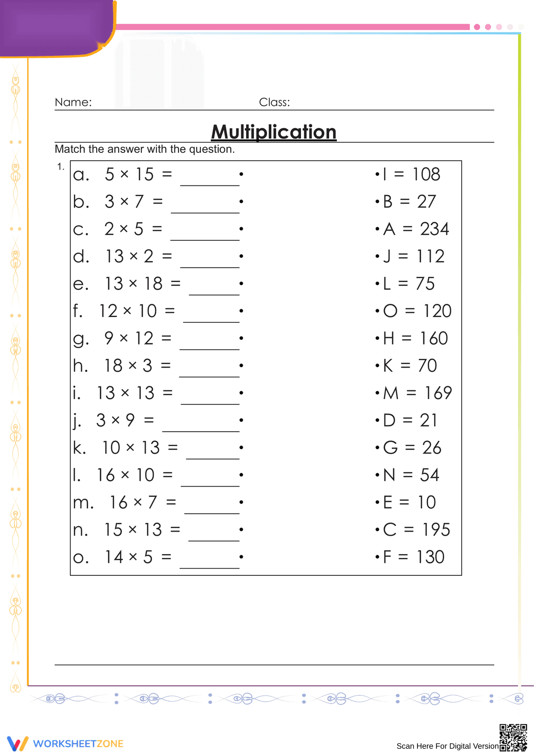 Multiplication Matching Exercise Worksheet for Math - Page 1