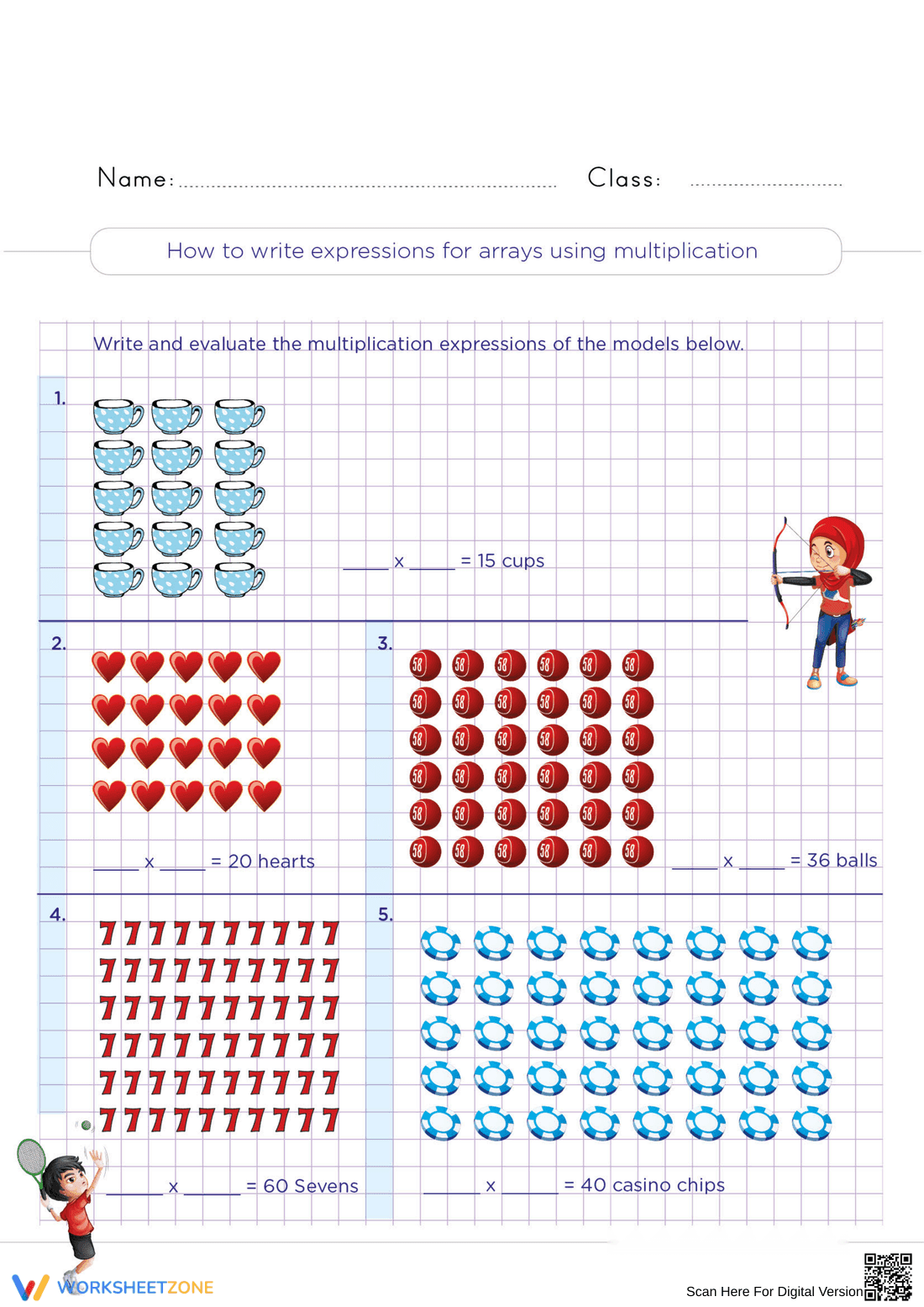 Write Multiplication Expressions for Arrays Worksheet - Page 1