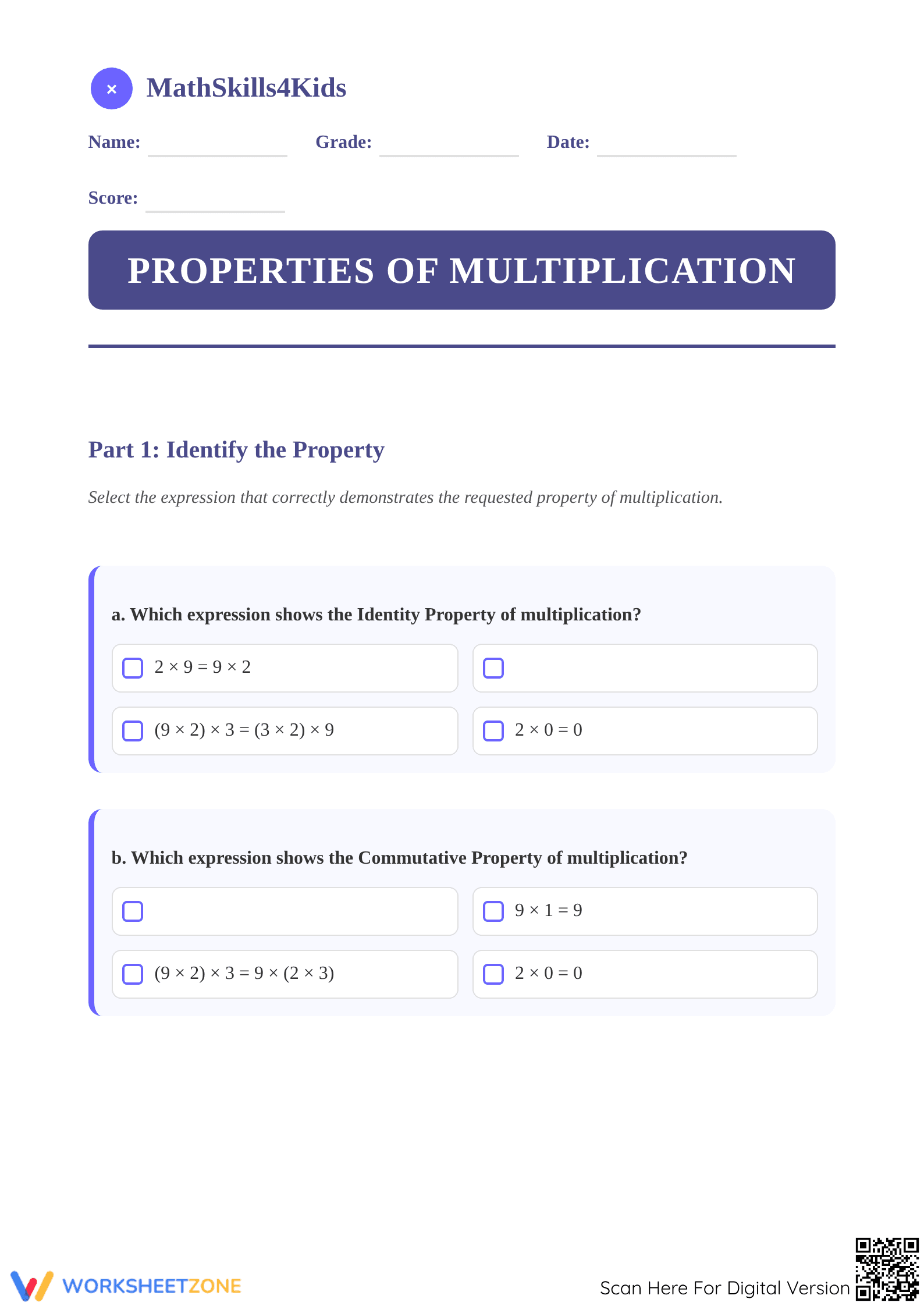 Printable Math Worksheet: Properties of Multiplication Grade 3 - Page 1