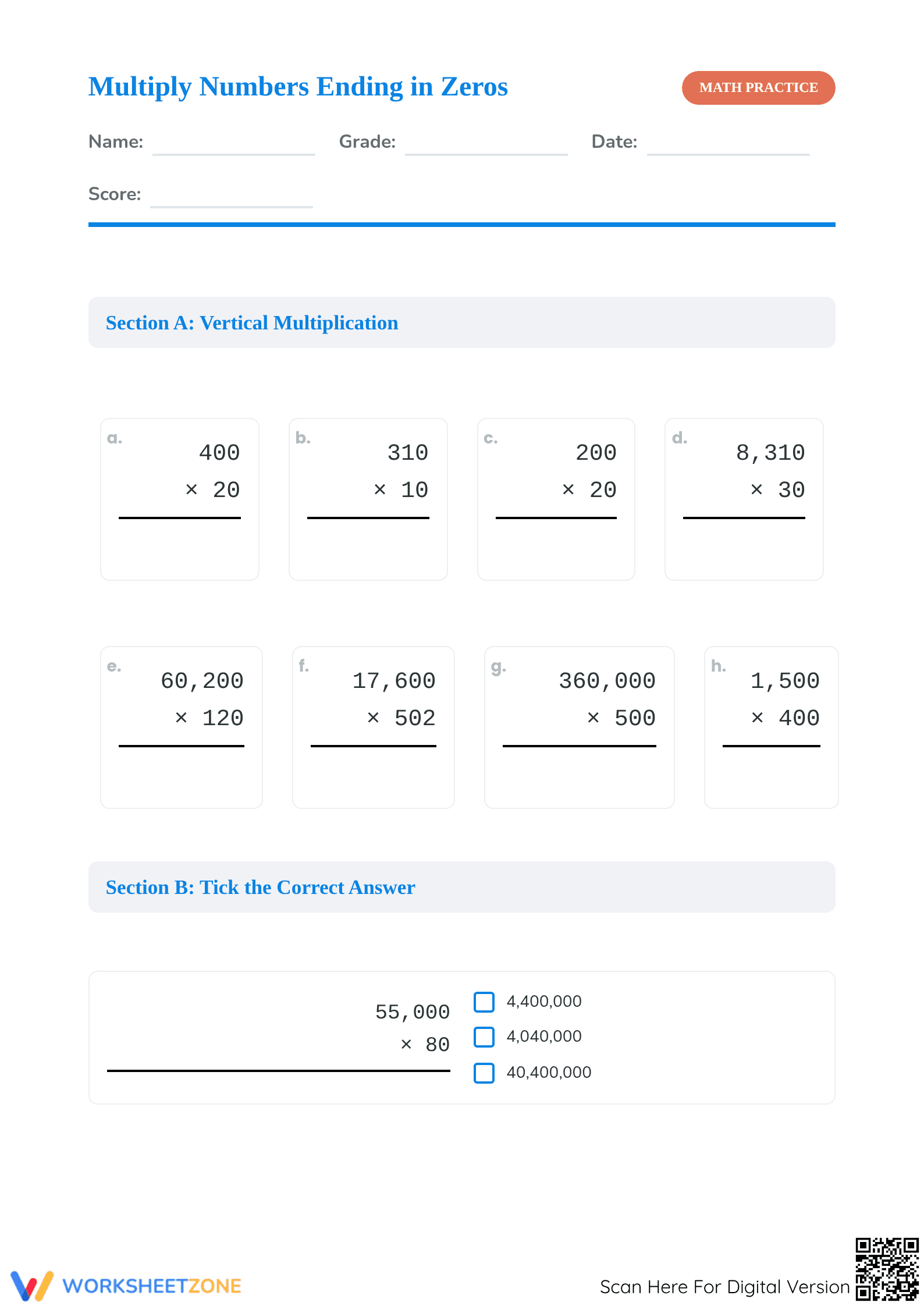 Grade 5 Multiplication — Printable No-Prep Worksheet - Page 1