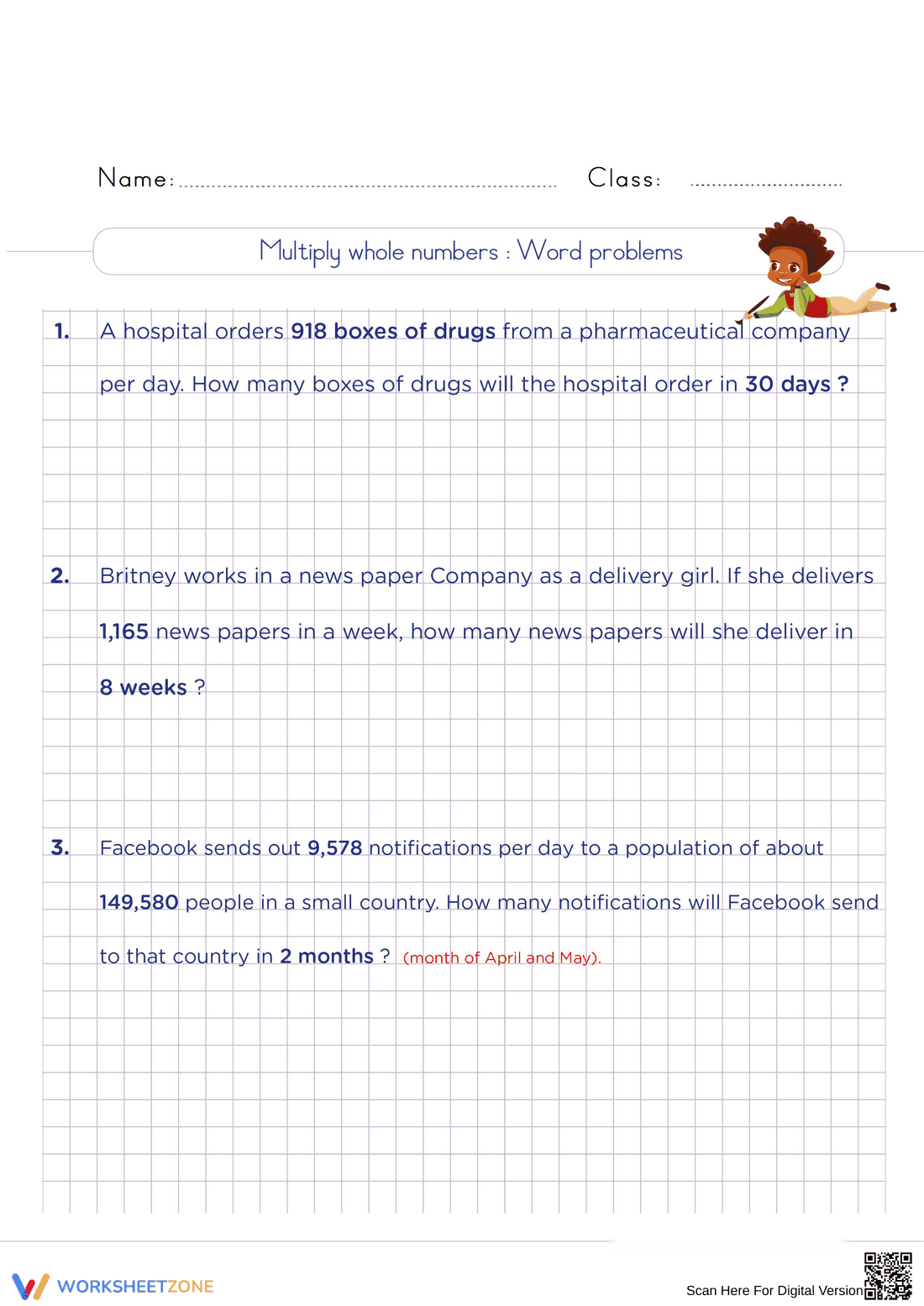 Multiply Whole Numbers Worksheet for Math Practice - Page 1