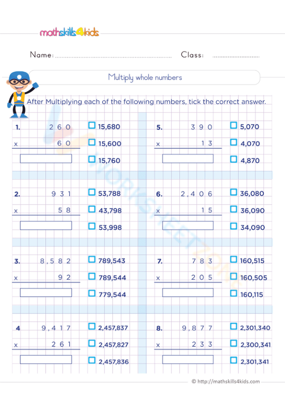Multiplying Whole Numbers Worksheet - Page 1