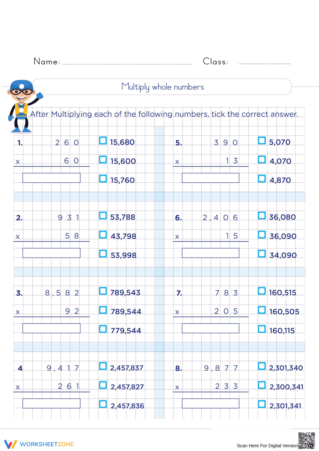 Multiplying Whole Numbers Worksheet - Page 1