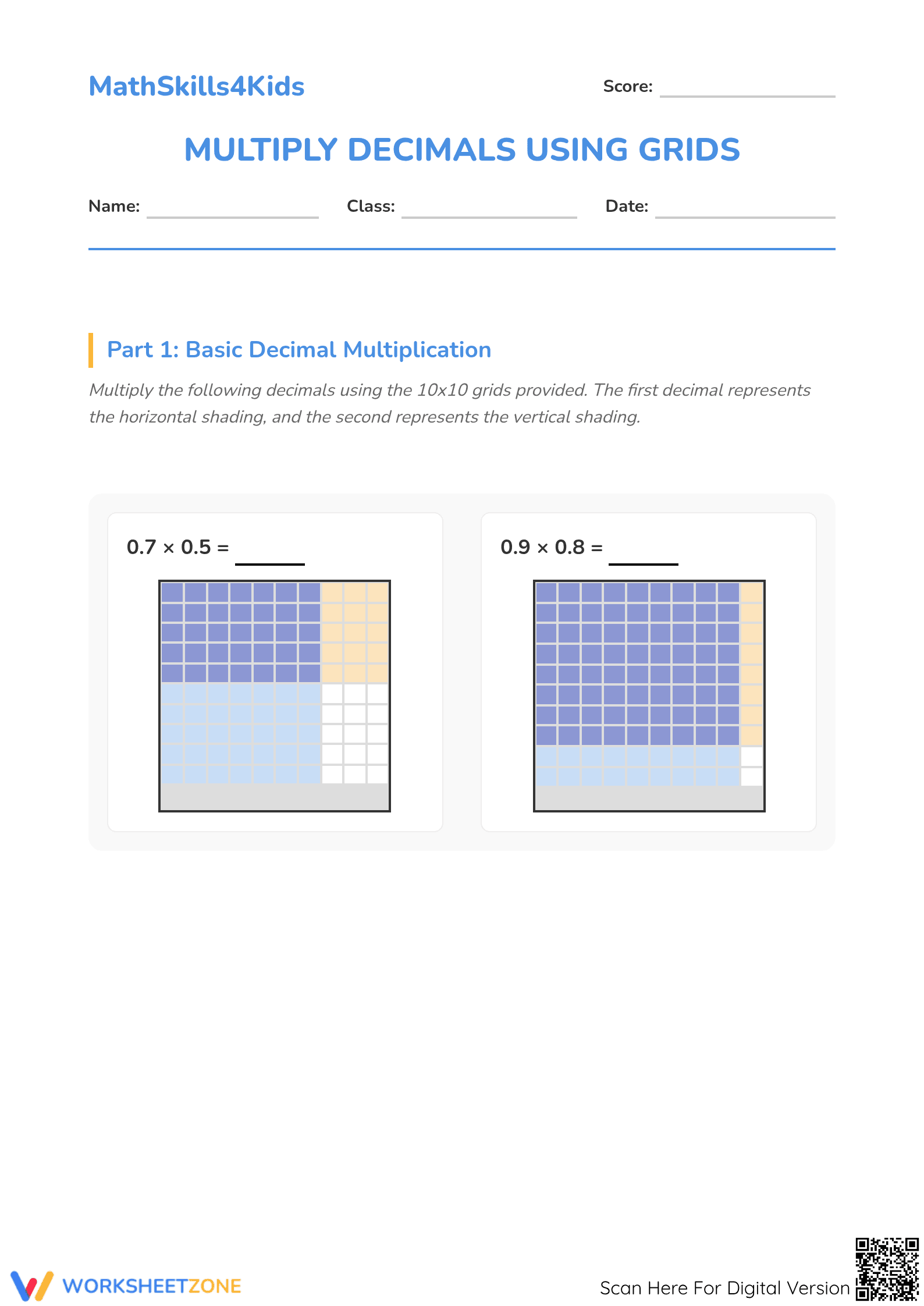 Multiply decimals using grids - Page 1