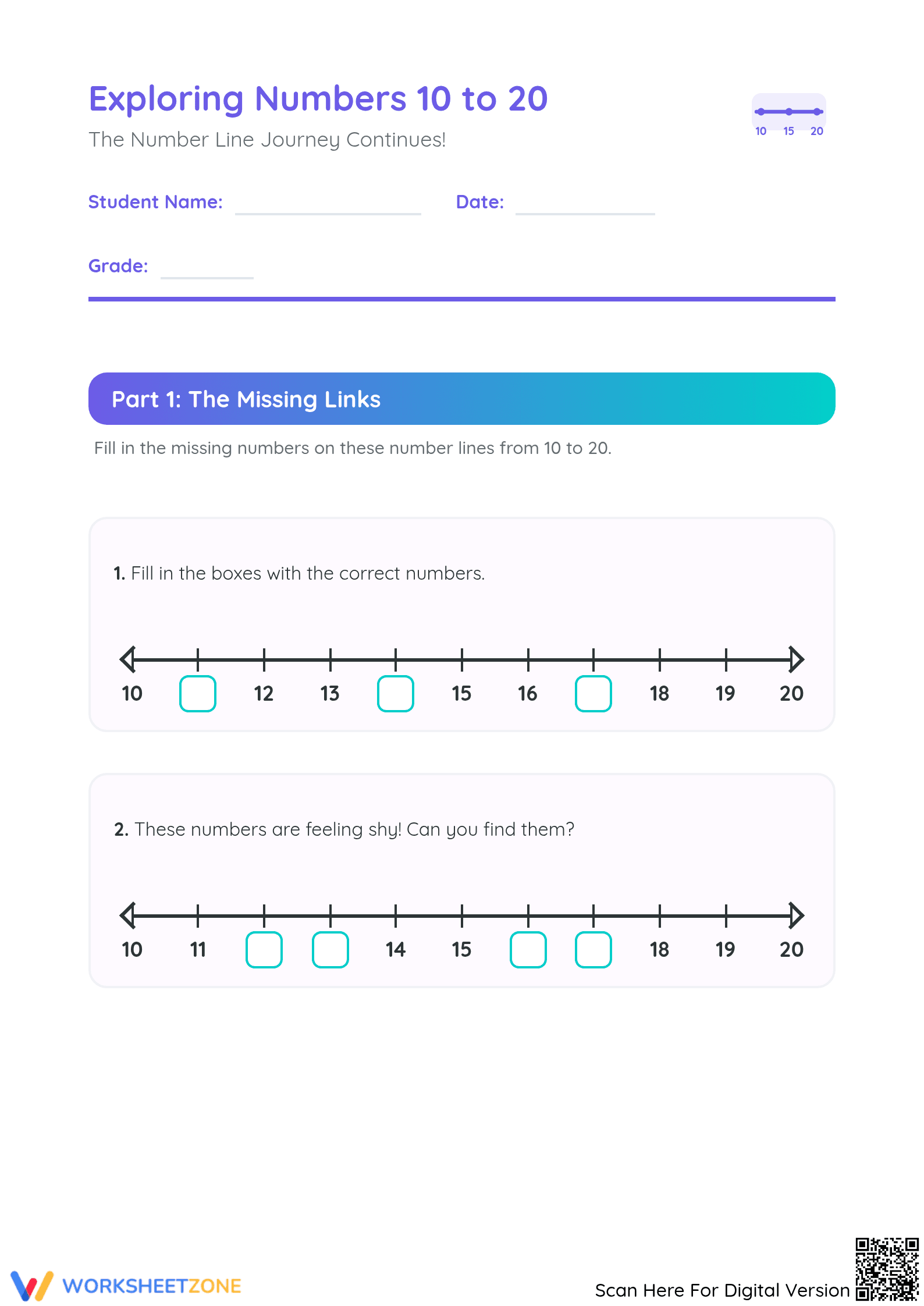 Grade 1 Number Line 10-20 — Printable No-Prep Worksheet - Page 1