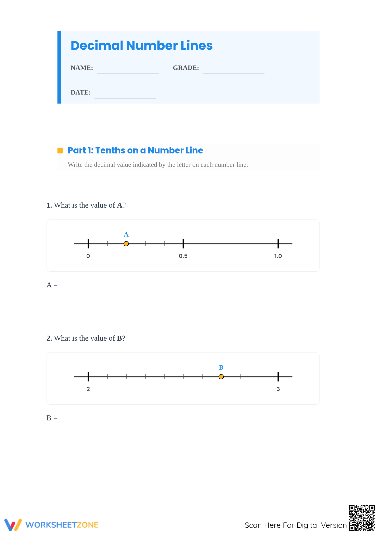 Printable Decimal Number Lines Worksheet | Grade 4 Math - Page 1