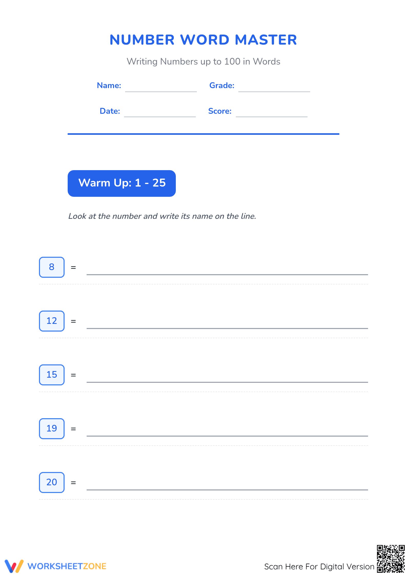 Printable Number Names Worksheet | Grade 2 Math - Page 1