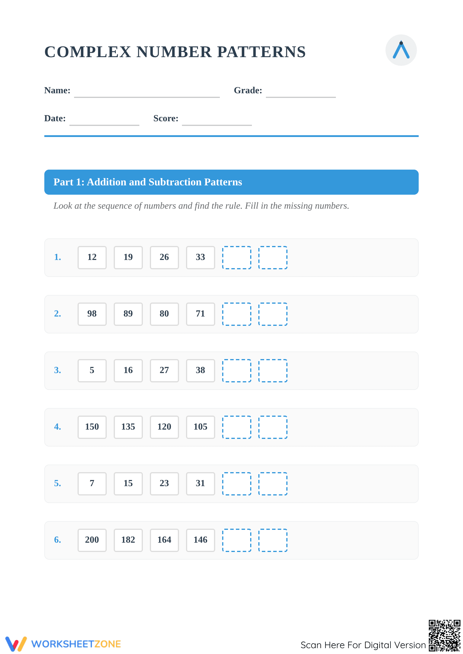 Printable Number Patterns Worksheet | Grade 4 Math - Page 1