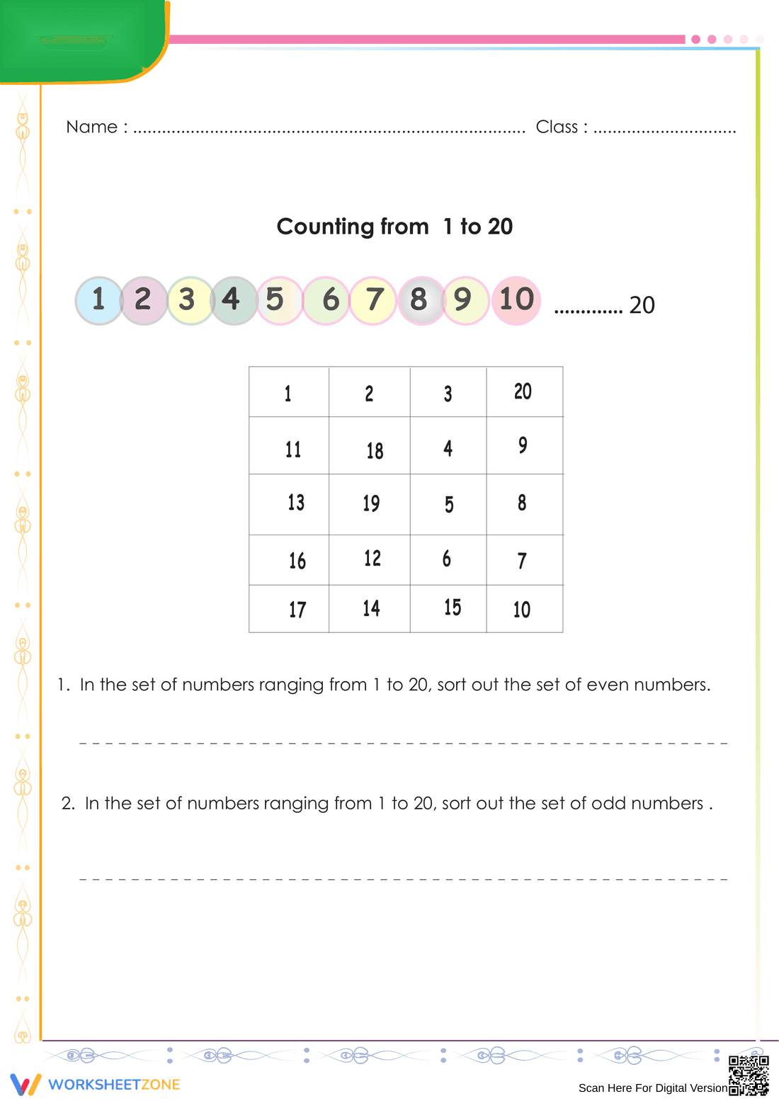 Counting and Sorting Numbers 1 to 20 Worksheet - Page 1