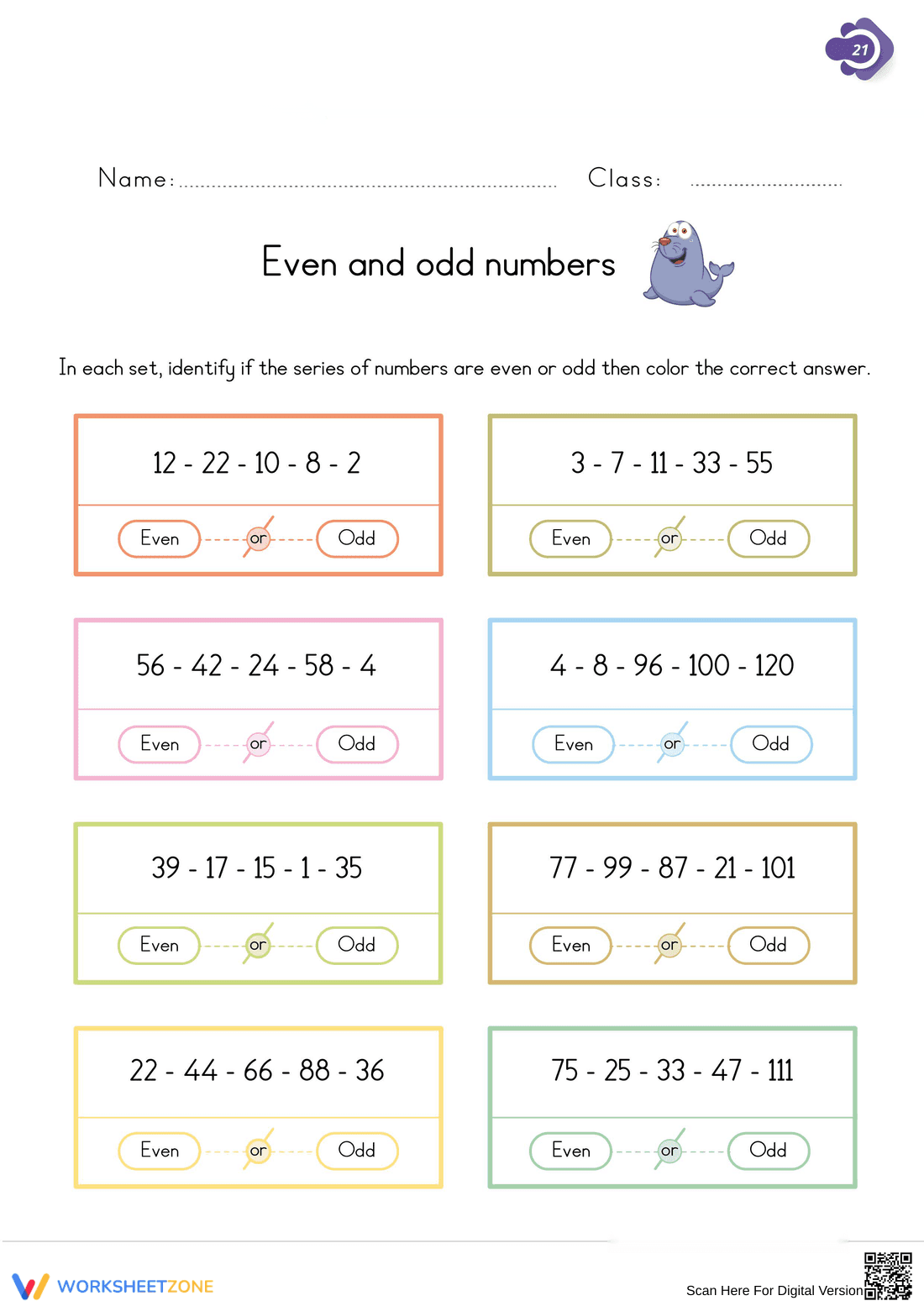 Practice Even and Odd Numbers Worksheet for Math - Page 1