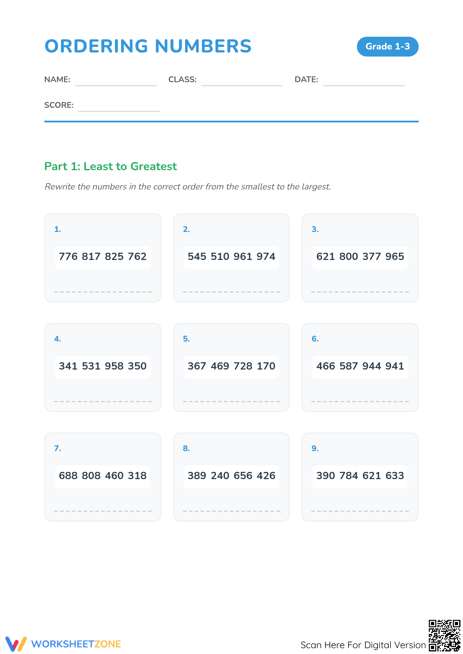 Grade 1 Ordering Numbers — Printable No-Prep Worksheet - Page 1