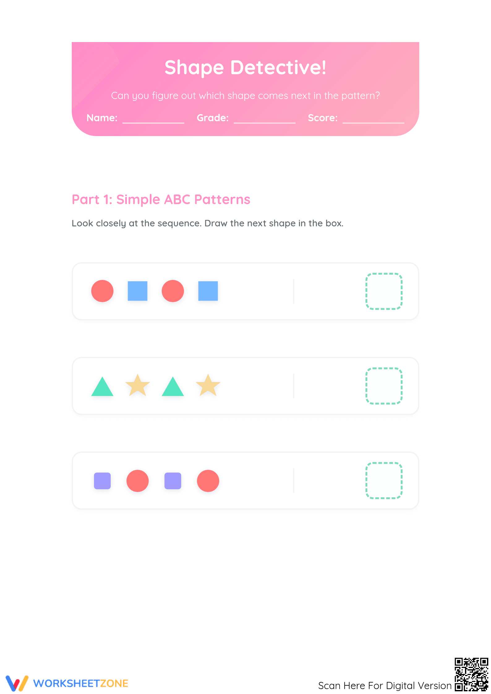 Grade 1 Shape Patterns — Printable No-Prep Worksheet - Page 1