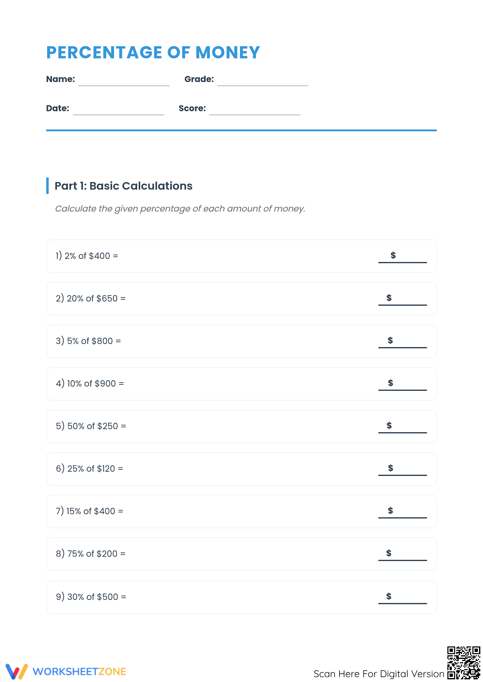 Printable Percentage of Money Worksheet | Grade 6 Math - Page 1