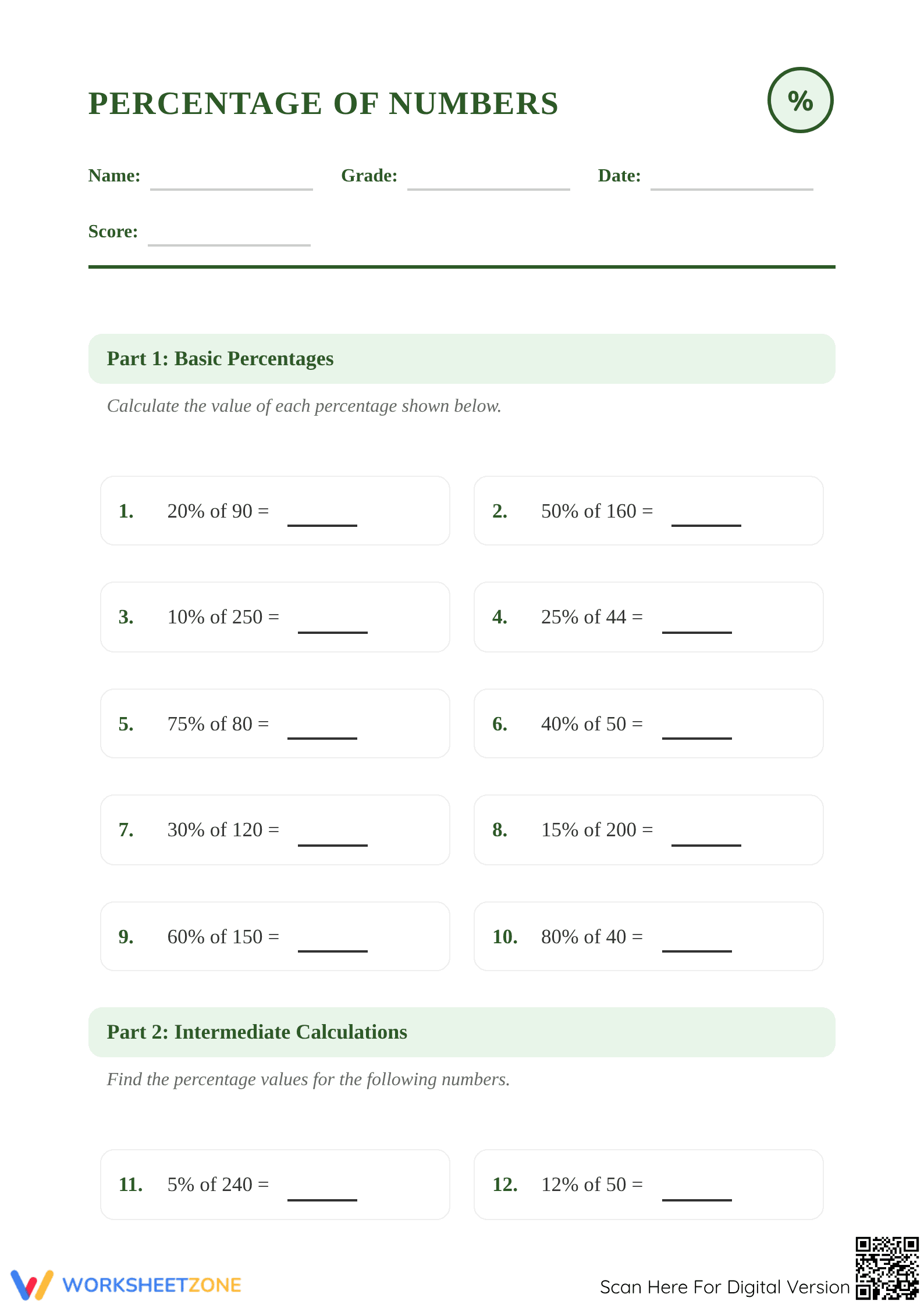 Grade 5 Percents — Printable No-Prep Worksheet - Page 1