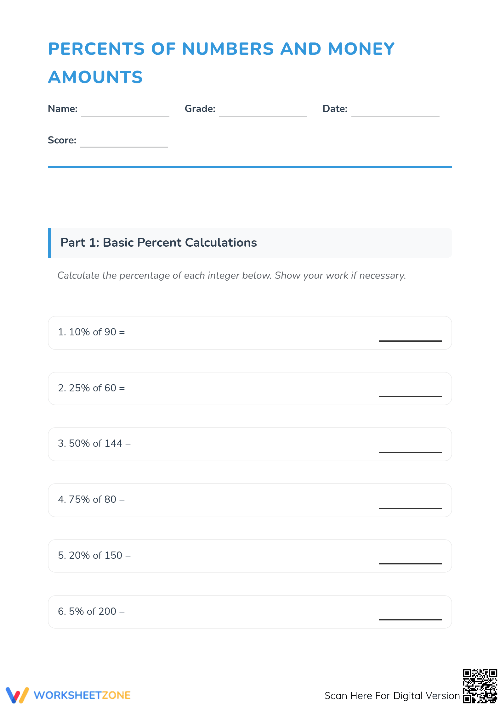 Grade 6 Percents — Printable No-Prep Worksheet - Page 1