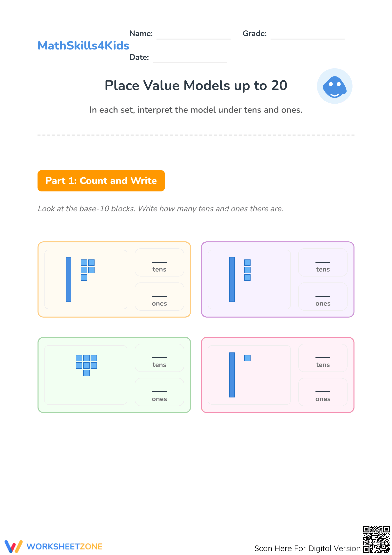 Printable Place Value to 20 Worksheet | Grade 1 Math - Page 1
