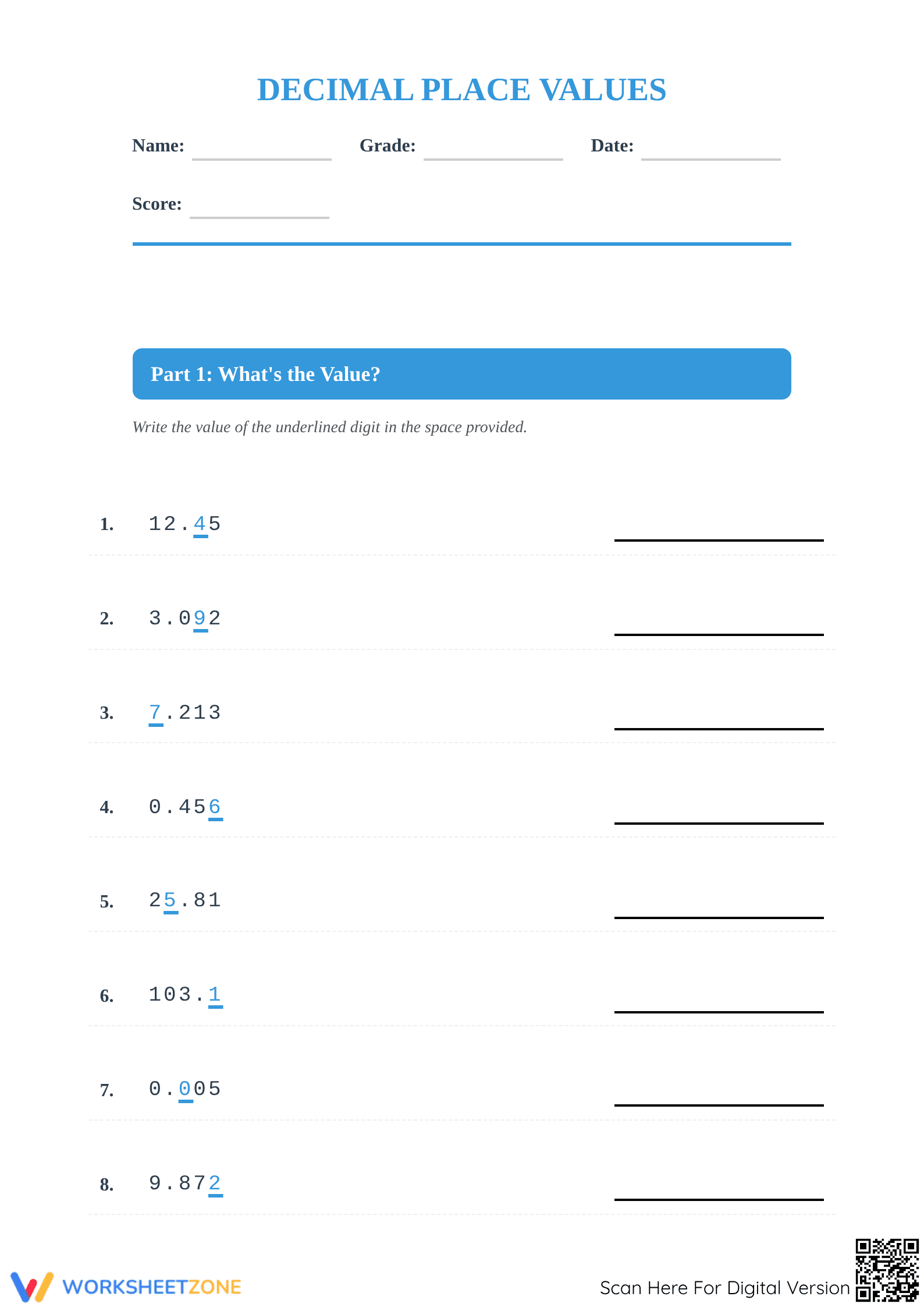 Printable Decimal Place Value Worksheet | Grade 5 Math - Page 1