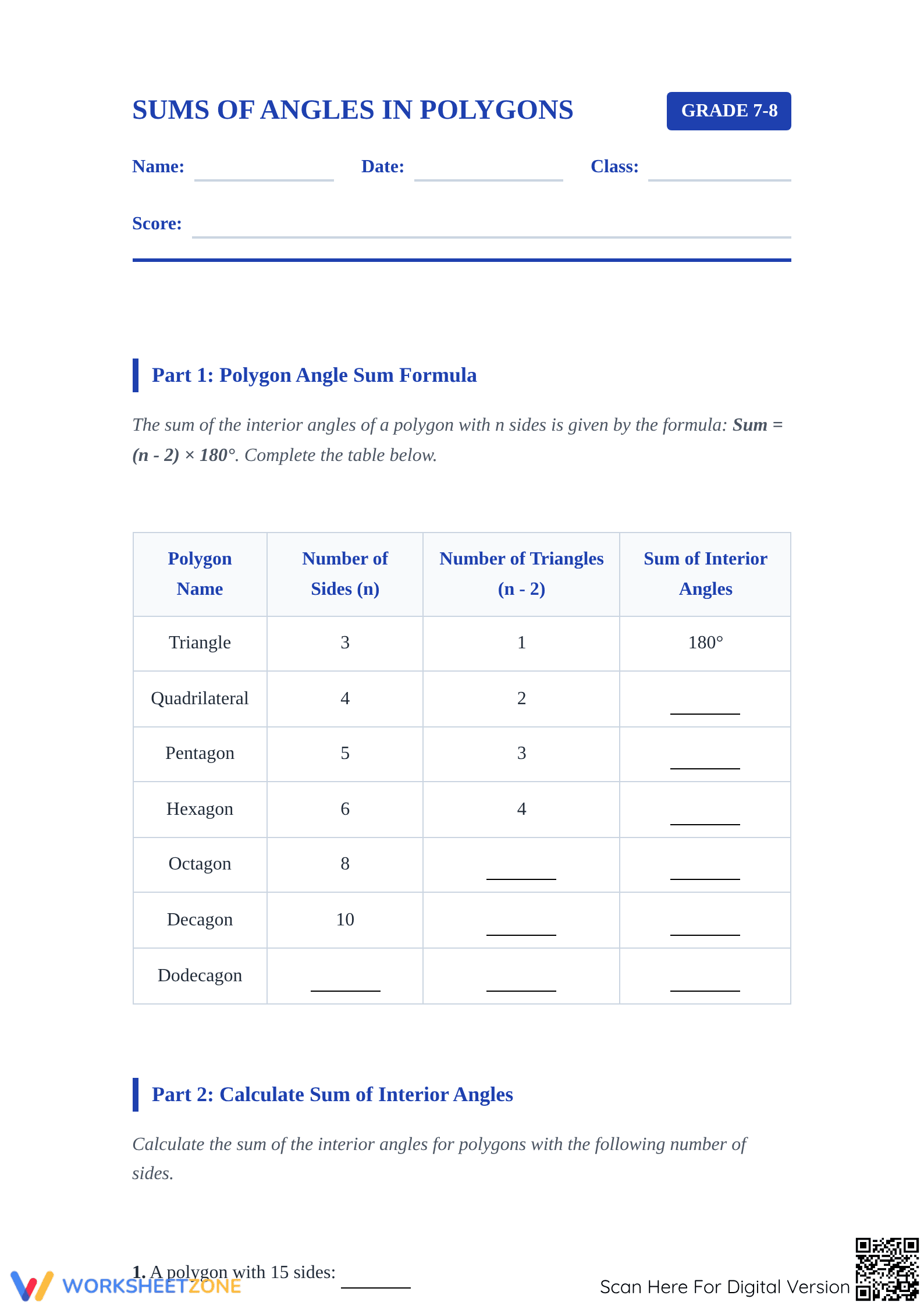 Grade 7 Polygon Angles — Printable No-Prep Worksheet - Page 1