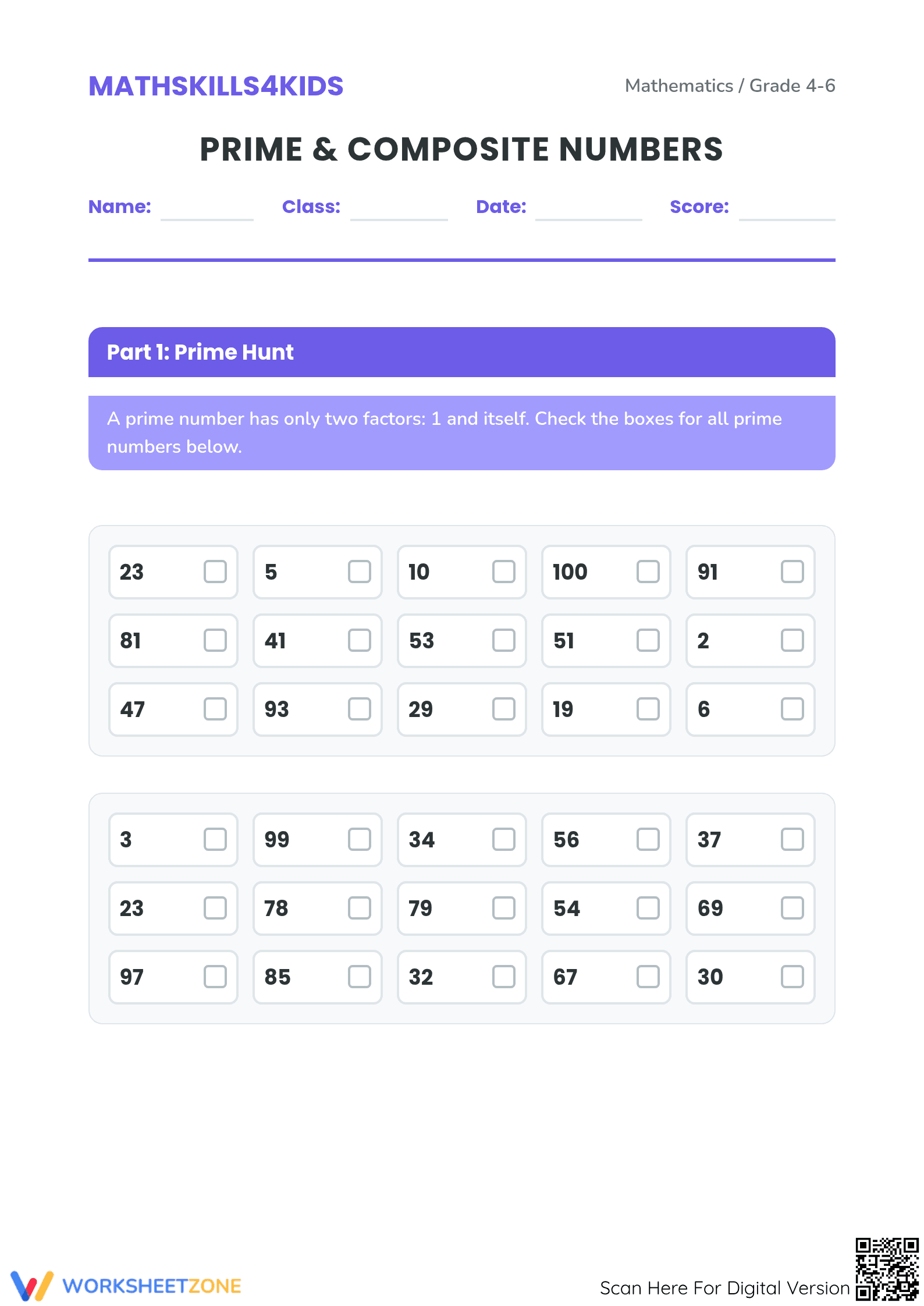 Printable Prime & Composite Numbers Worksheet | Grade 4 Math - Page 1