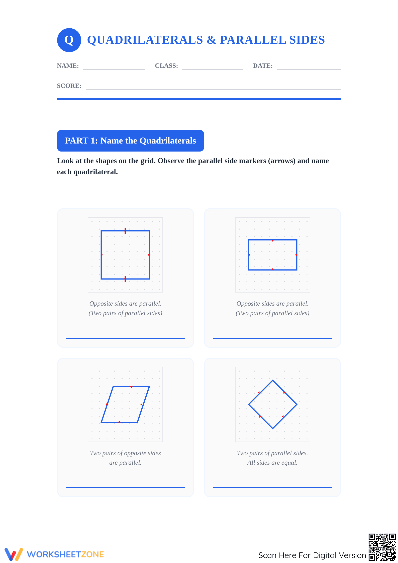 Printable Worksheet: Parallel Sides in Quadrilaterals (Grade 4) - Page 1