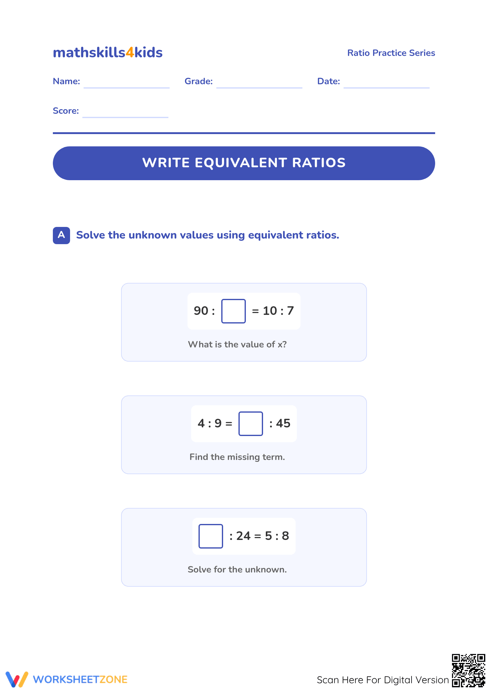 Aligned Grade 6 Worksheet: Equivalent Ratios CCSS.6.RP.A.3a - Page 1