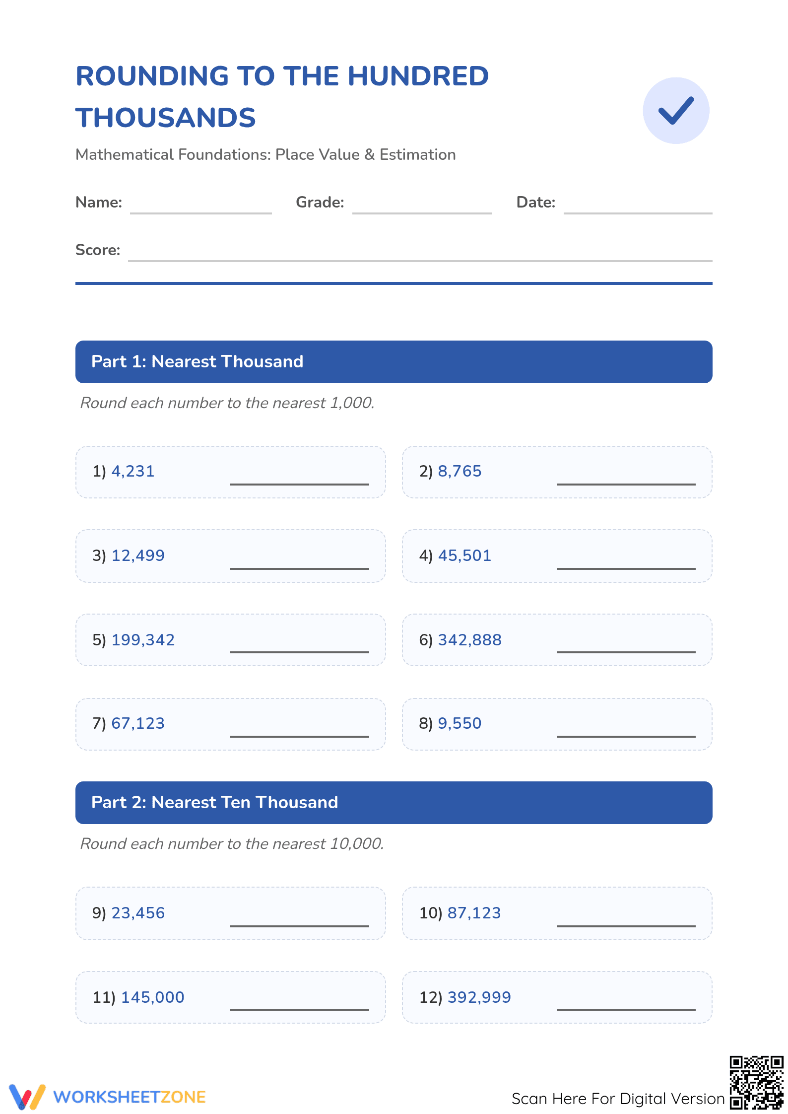 Grade 4 Rounding — Printable No-Prep Worksheet - Page 1