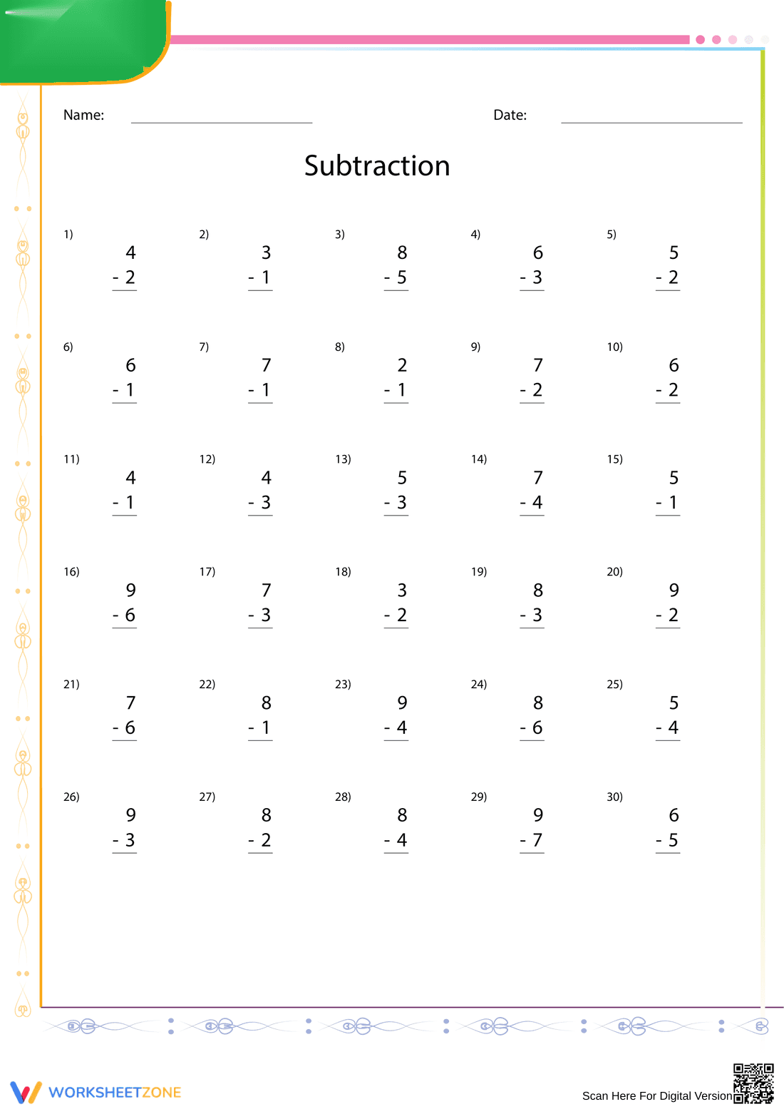 Subtract Single Digits Practice - Page 1