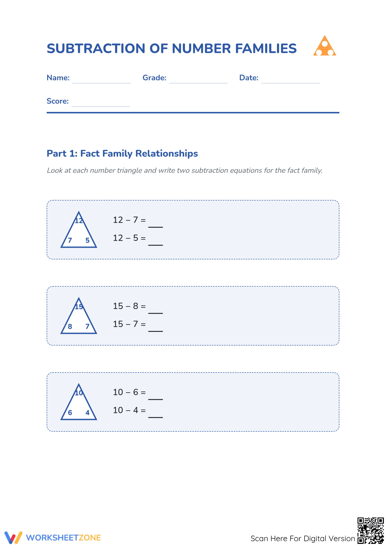 Printable Subtraction Families Worksheet | Grade 1 Math - Page 1